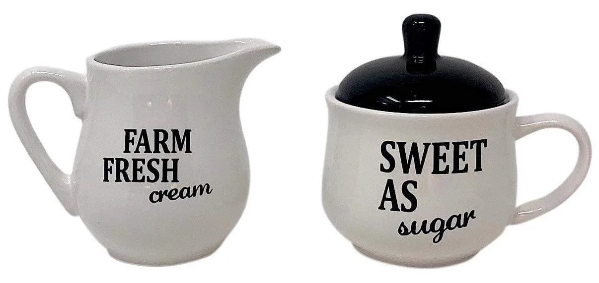 Homestyle Table Cream & Sugar Set Ceramic Farmhouse Decor | 9oz Creamer & 11oz Sugar Bowl, Black & White - main product image