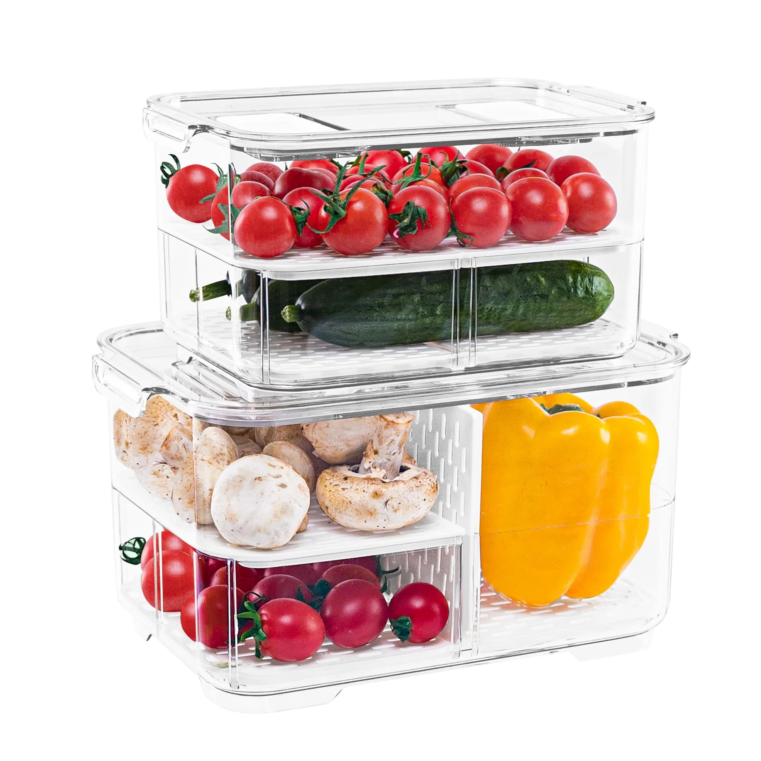 elabo Fruit Storage Containers Fridge Produce Saver- Stackable Refrigerator Organizer Keeper Drawers Bins with Lids and Removable Drain Tray for Veggie, Berry and Fruits, 1 Medium and 1 Large | Keep Fruits & Vegetables Fresh