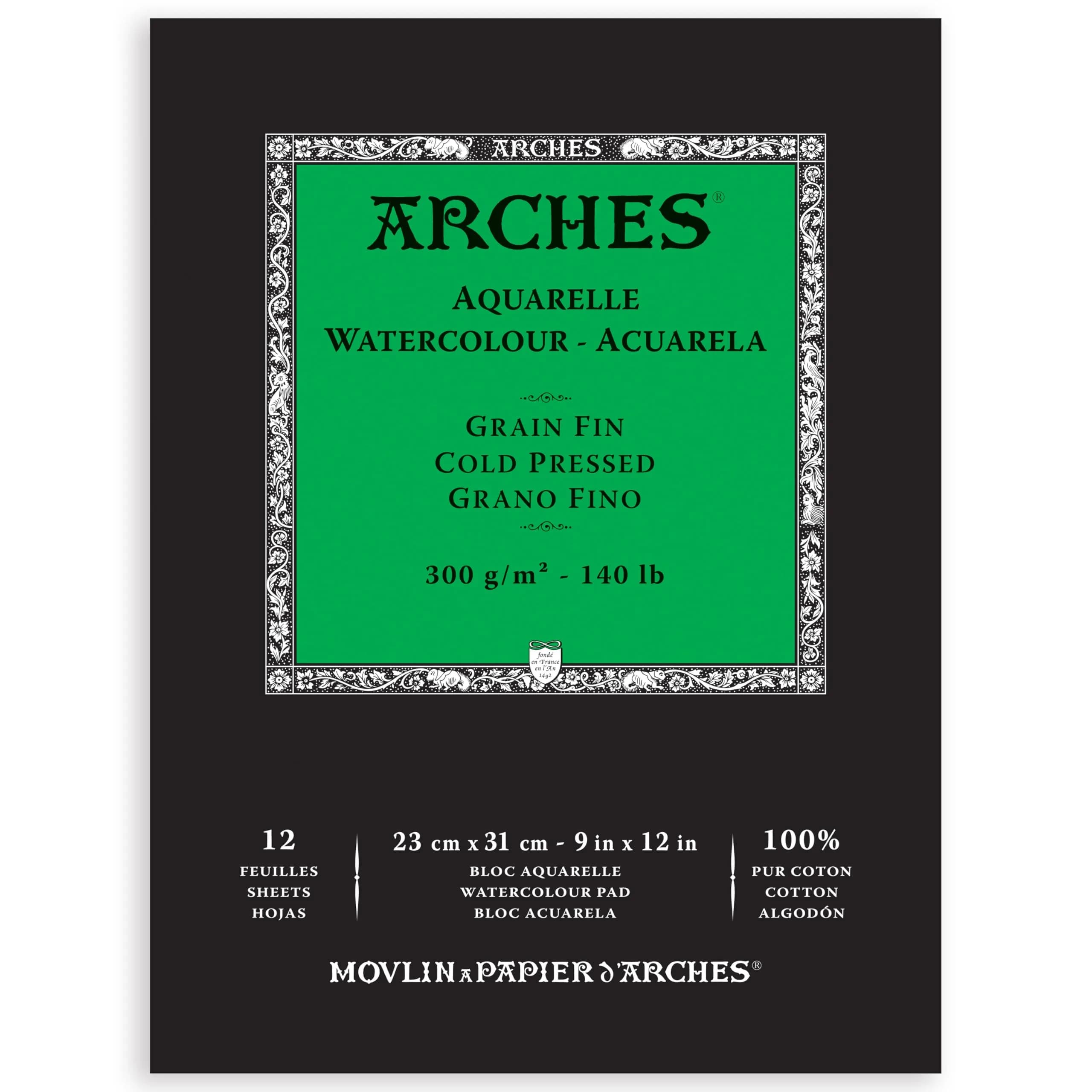 Arches Watercolor Pad, Cold Press, 25cm x 38cm (9x12 inches), 12 Sheets | Professional Art Paper for Watercolor Gouache Ink Acrylic - main product image
