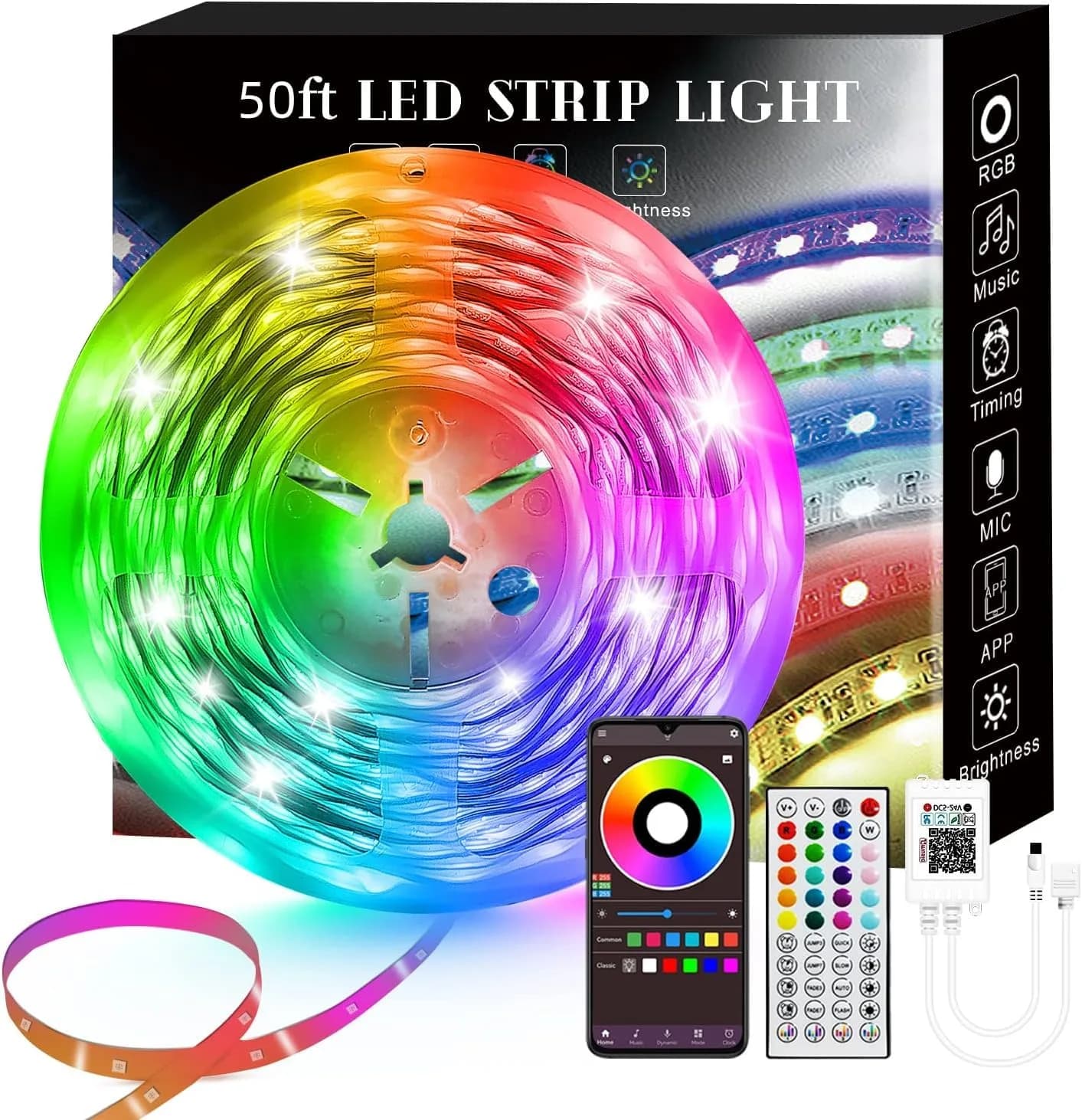 Lcutml 50FT RGB LED Strip Lights | Sync to Music, Dimmable, Multi-Colored, Indoor Use - main product image
