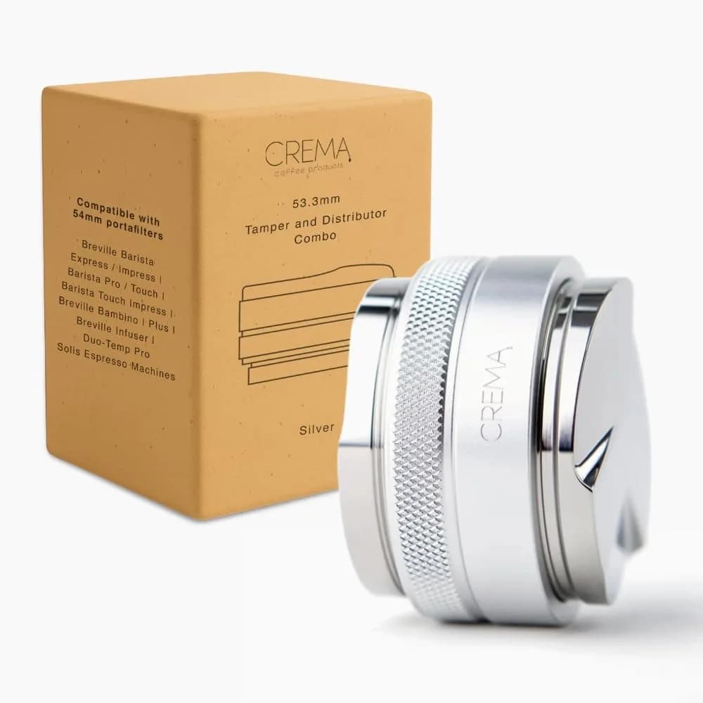 CREMA 53.3mm Coffee Distributor & Hand Tamper for Breville Portafilters | 1lb 3oz (530g) Stainless Steel Base | Silver - main product image
