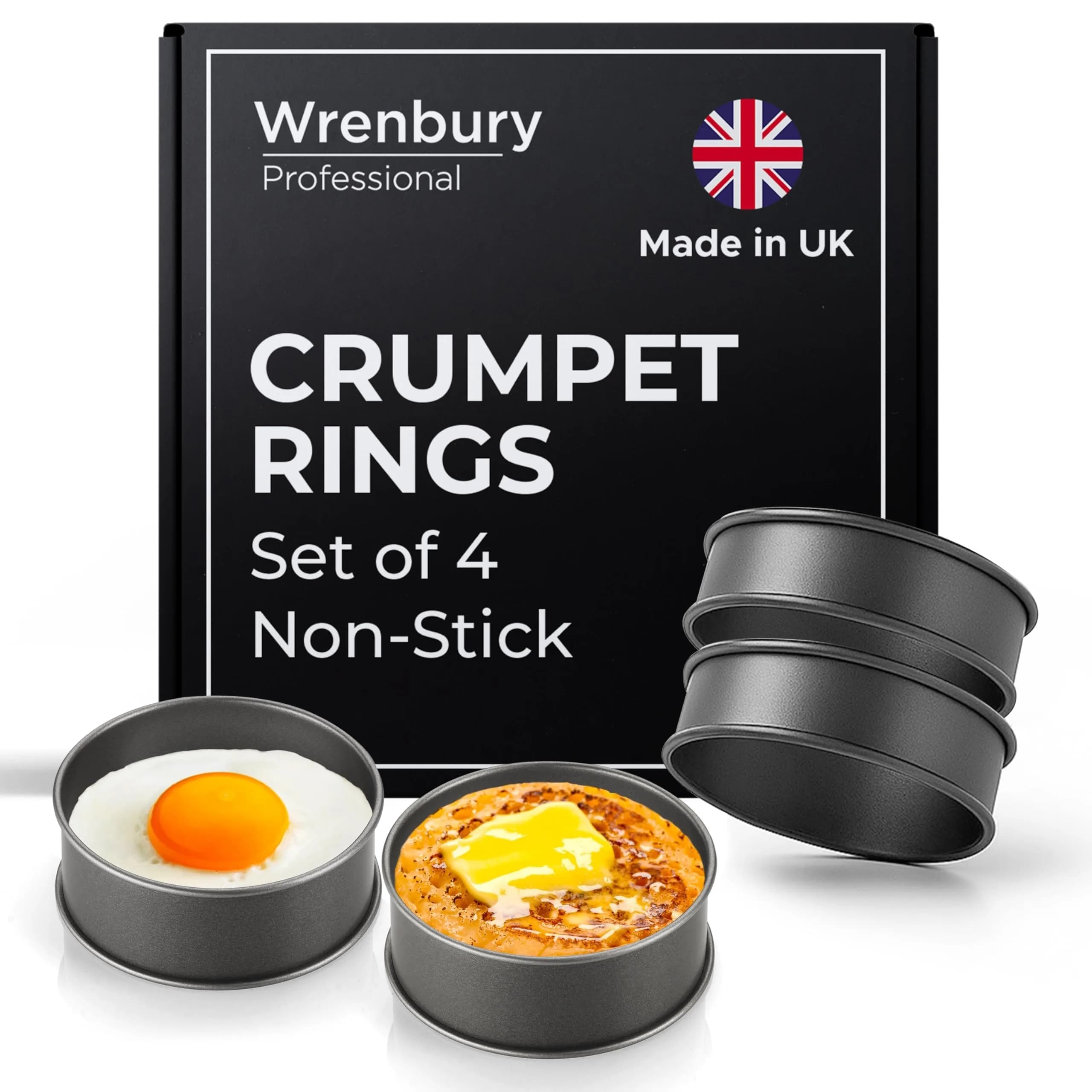 Wrenbury Nonstick Crumpet Rings Set of 4 Food Molds, 9cm (3.5 inch) Metal Baking Egg Rings | Perfect Round Crumpets, Pancakes, English Muffins - main product image
