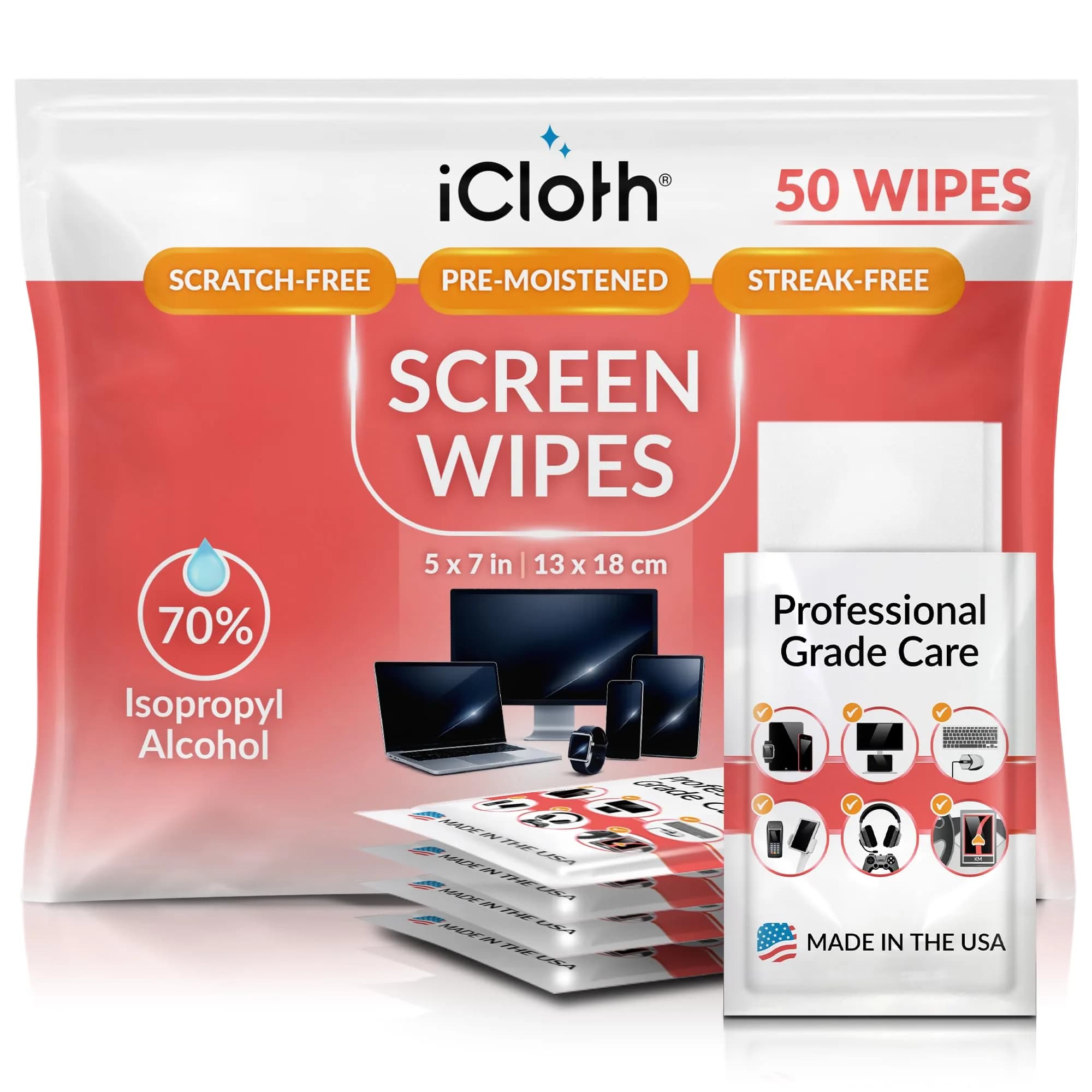 iCloth 70% Isopropyl Alcohol Screen & Electronics Wipes, 50 Count | Streak-Free, Fast-Drying, Lint-Free - main product image
