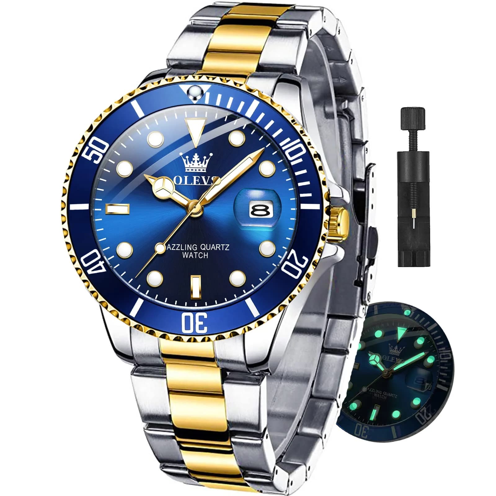 OLEVS Men Dress Watch 41mm Blue Dial Gold Silver Stainless Steel Waterproof