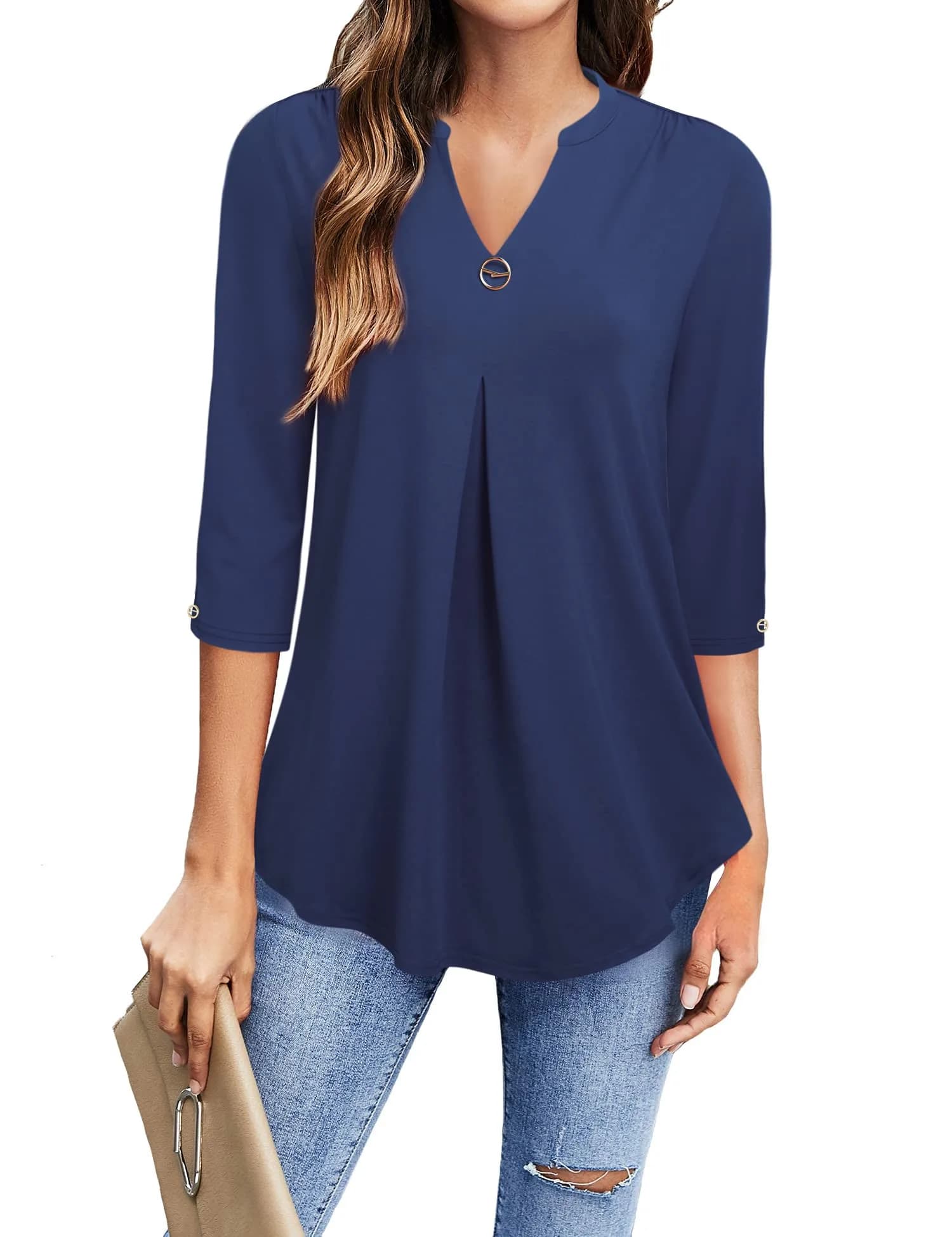 VALOLIA Tunic Top for Women Large Blue | Stylish Loose Fit 3/4 Sleeve V Neck Summer Office - main product image