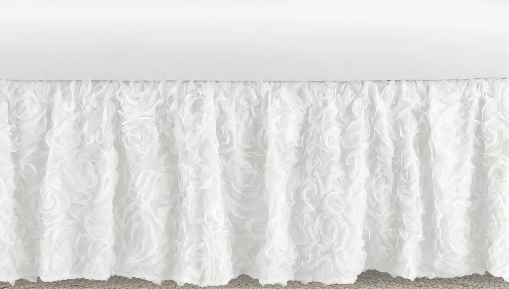 Sweet Jojo Designs White Floral Rose Crib Bed Skirt 38cm (15in) Drop | Elegant Princess Boho Shabby Chic Nursery Decor - main product image