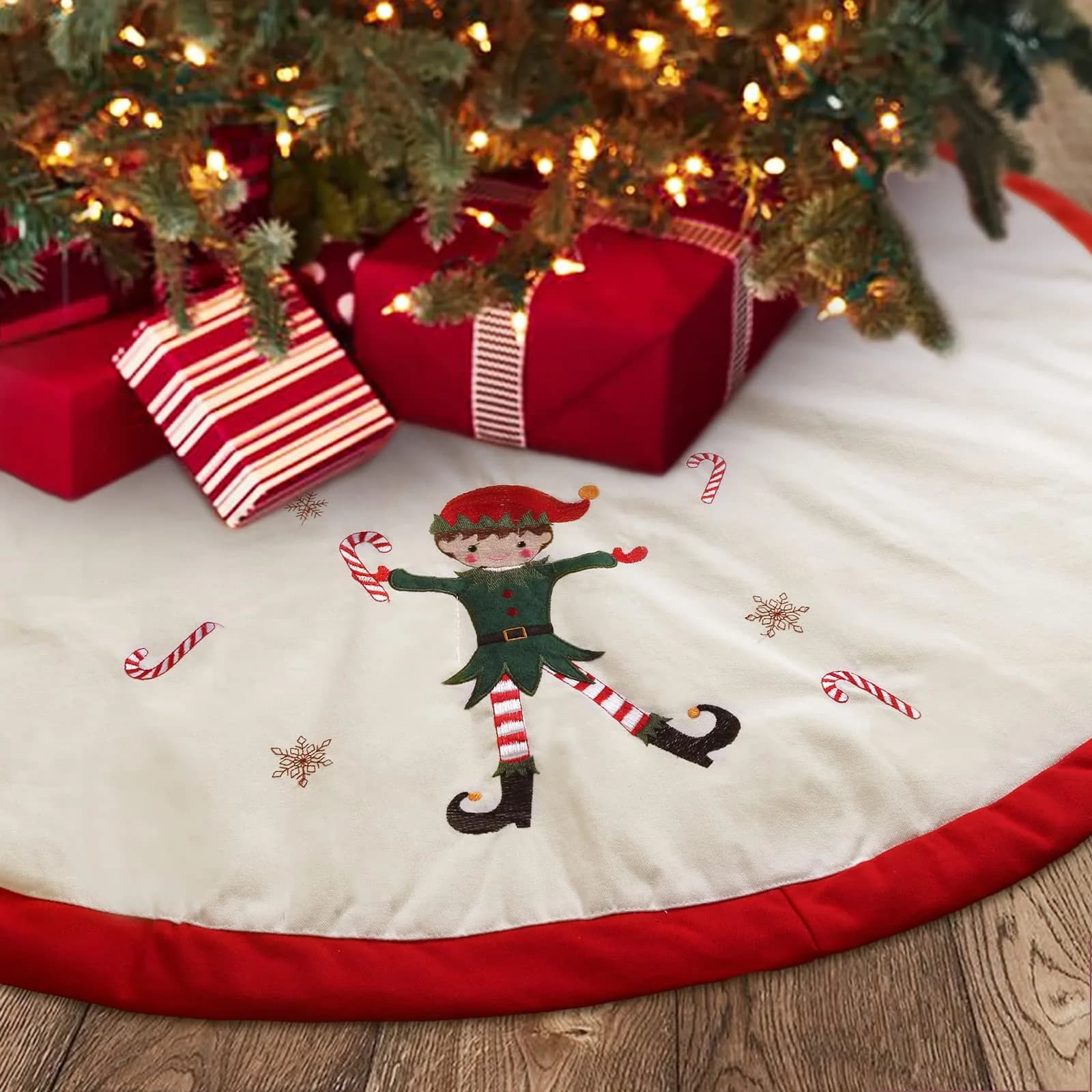Zpiio Tree Skirt 48 inch | Rustic Embroidered Elf Design, Soft Padding, Large Size for Christmas Tree - main product image