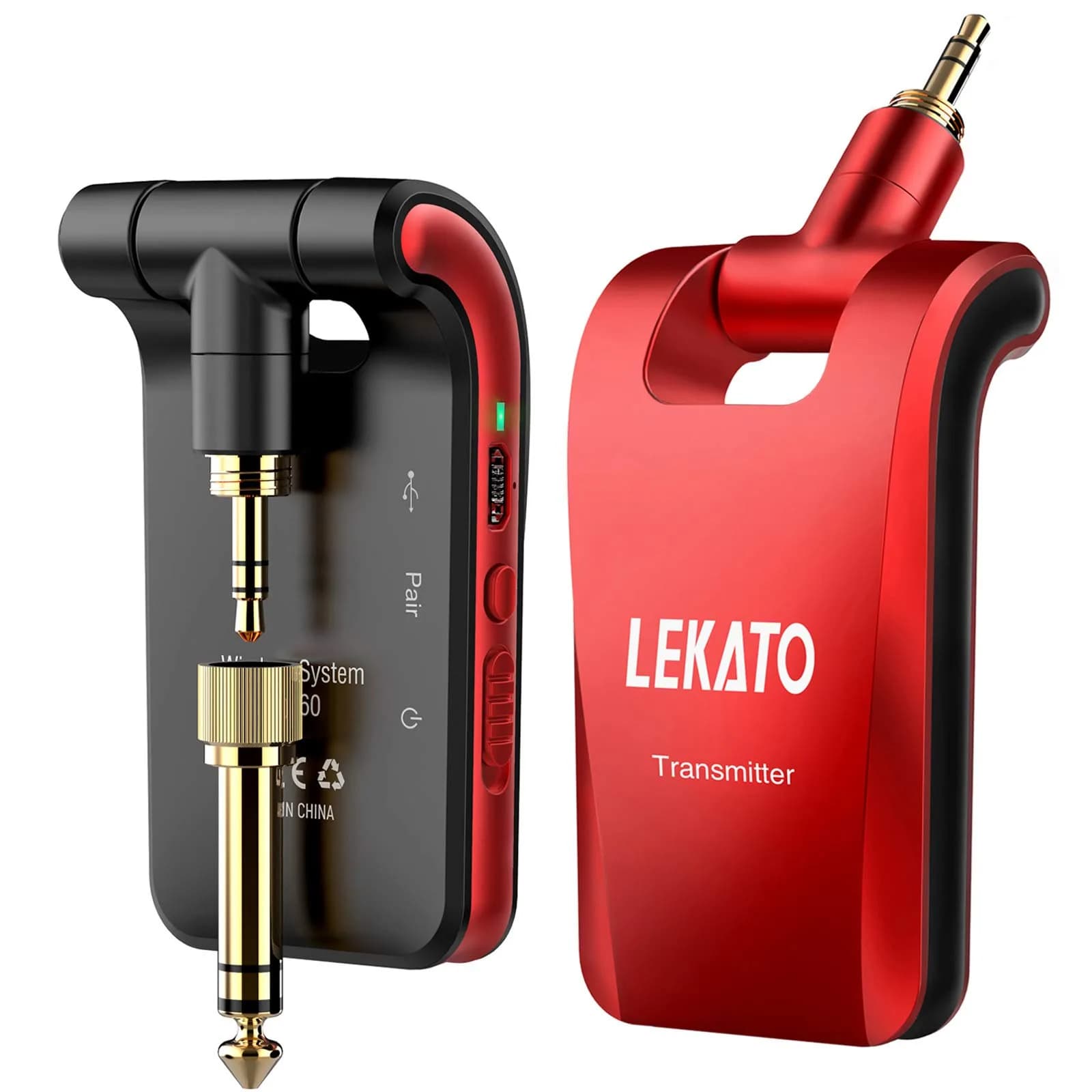 LEKATO Wireless Guitar System 2.4GHz | 6 Channels Rechargeable, Stereo & Mono Support (Black & Red) | 100+ ft Range