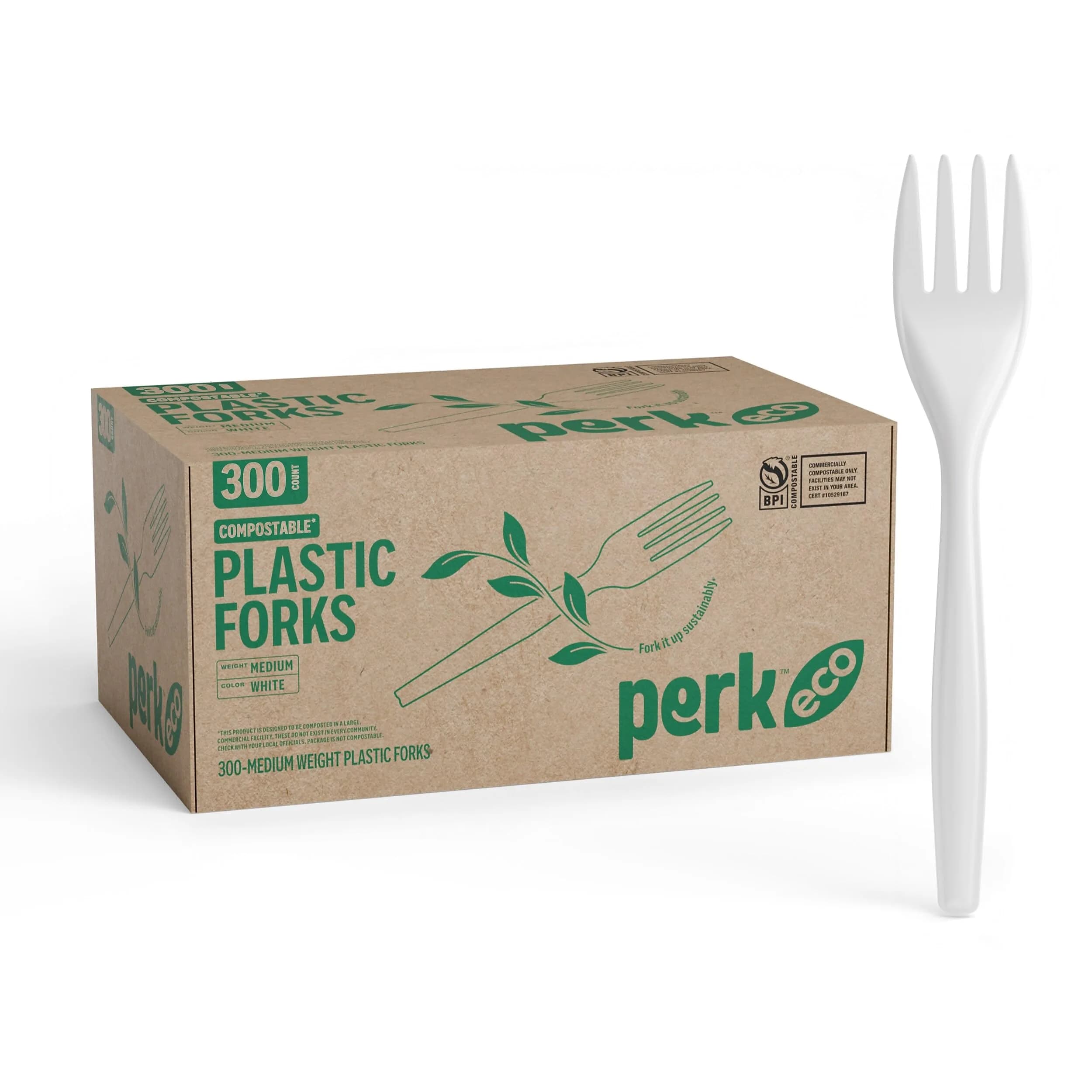Perk Plastic Forks Mediumweight White 300-Count | Industrial Compostable Disposable Cutlery - main product image