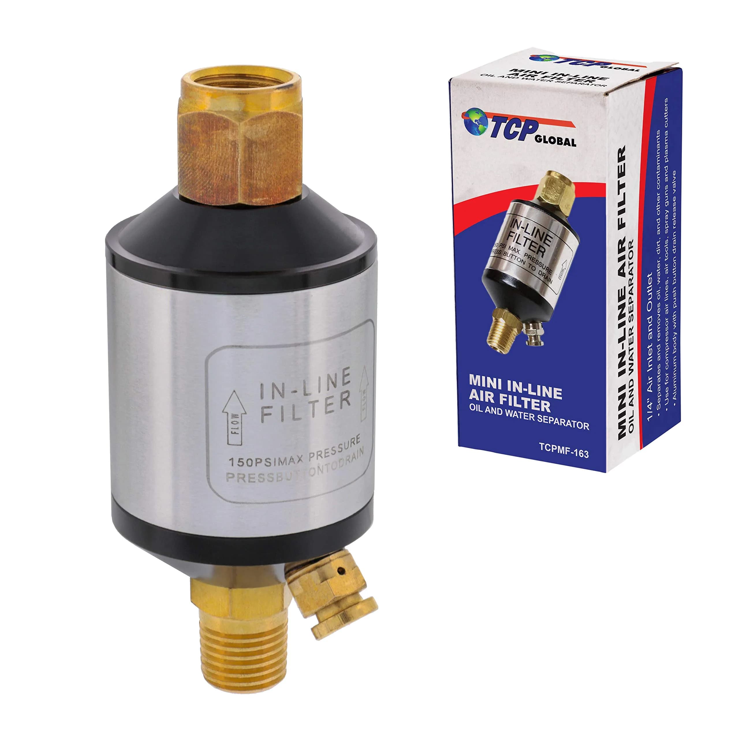 TCP Global Mini In-Line Air Filter, Oil & Water Separator | Aluminum Body, 1/4" Inlet/Outlet - main product image