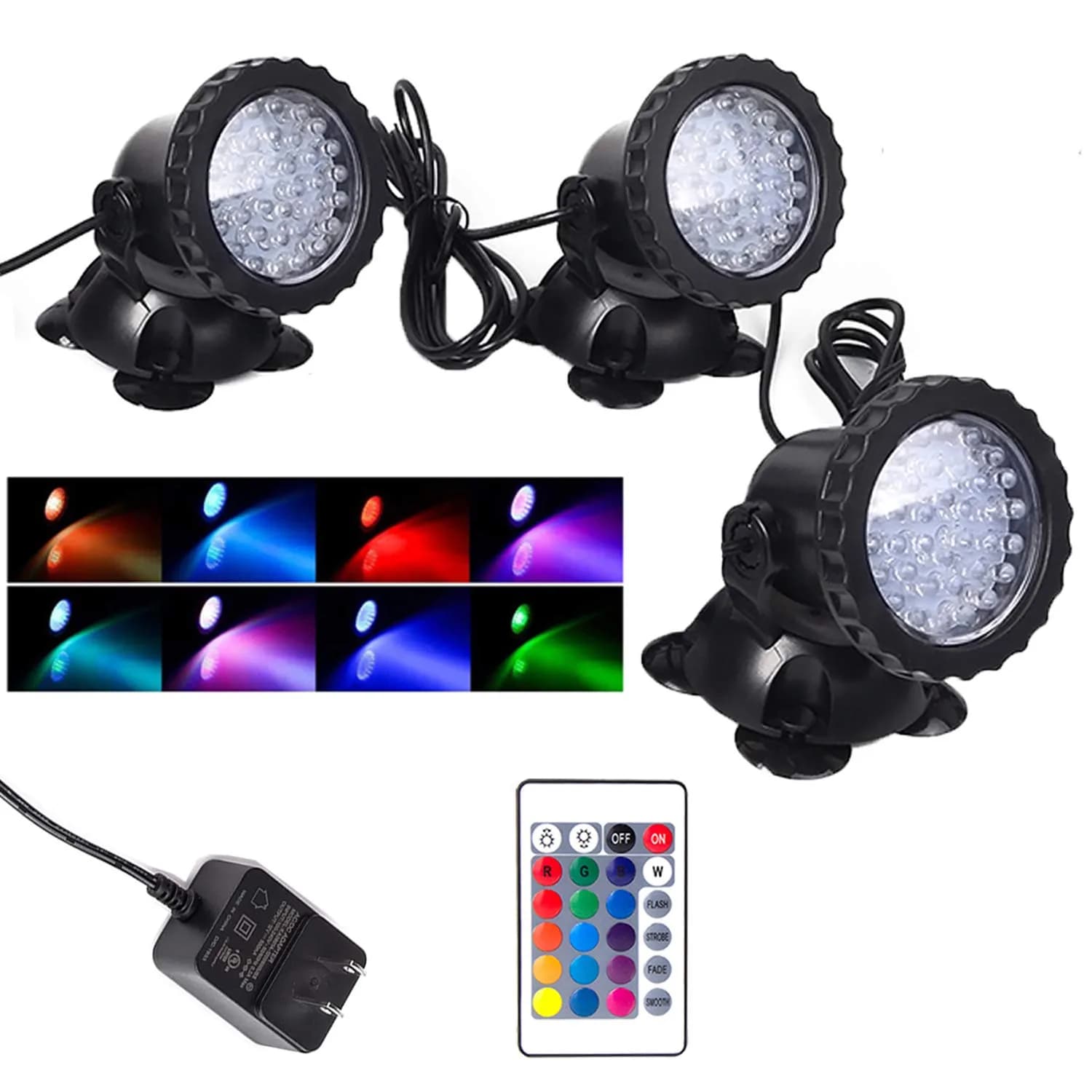 SHOYO Color Changing Pond Lights 3-Pack | Submersible RGB LED Spotlights with Timer & Remote - main product image