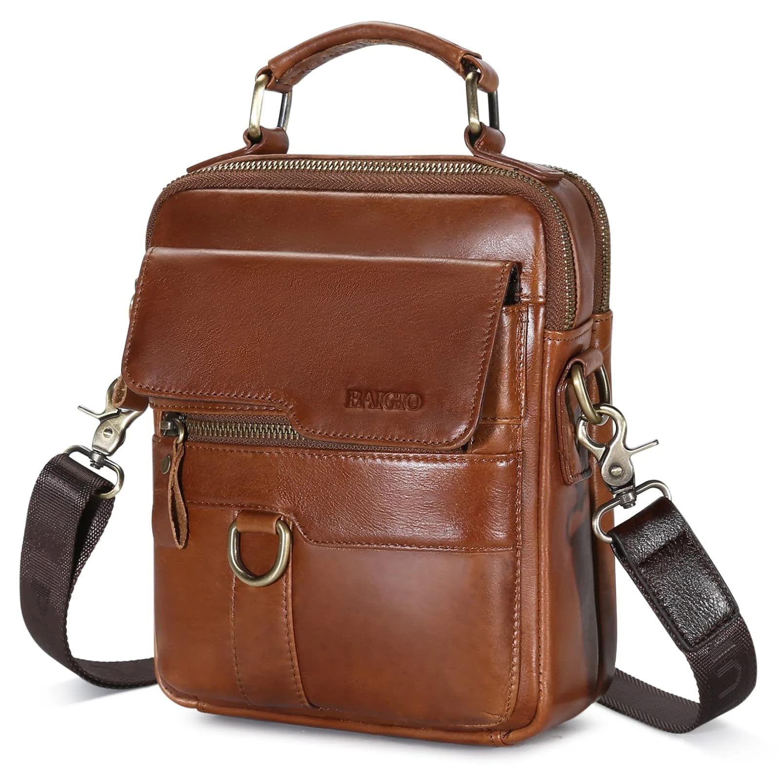 BAIGIO Men's Genuine Leather Shoulder Bag with Adjustable Strap | Brown - main product image