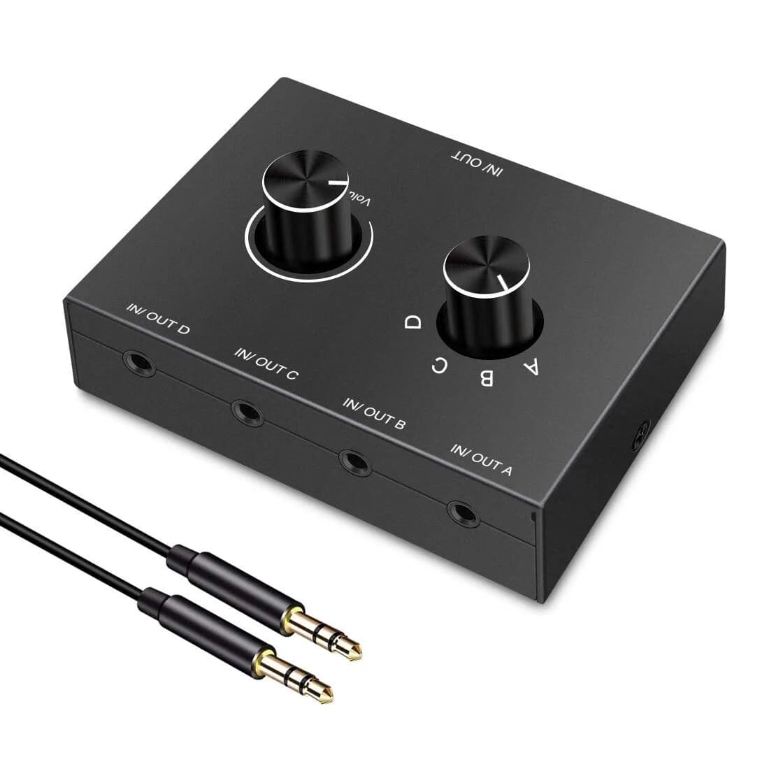 Y.D.F 4-Way 3.5mm Stereo Audio Switcher Box - 4 In 1 Out Manual Selector for Speakers & Headphones (Black) - main product image