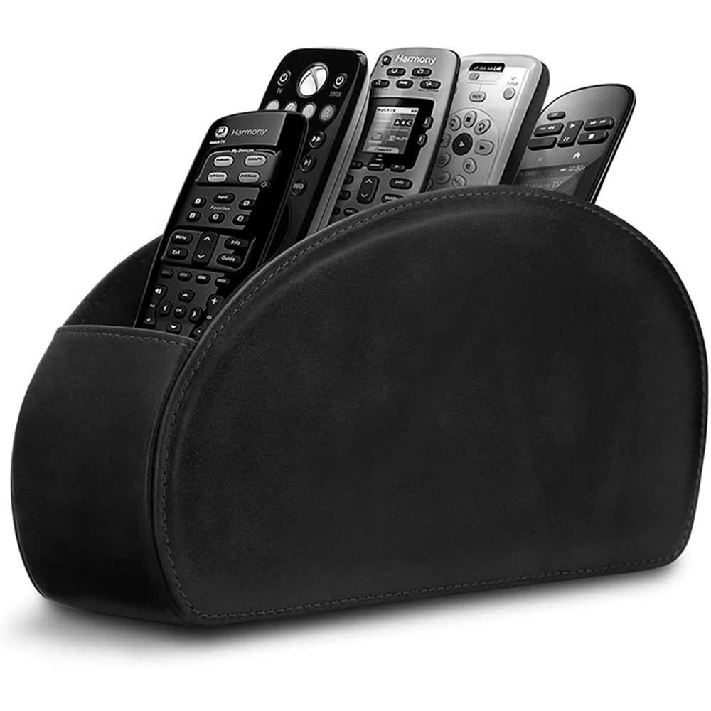 RHCSZ Black Leather Remote Control Holder with 5 Compartments | Desktop Organizer for TV, Media Player, Pen, Glasses - main product image
