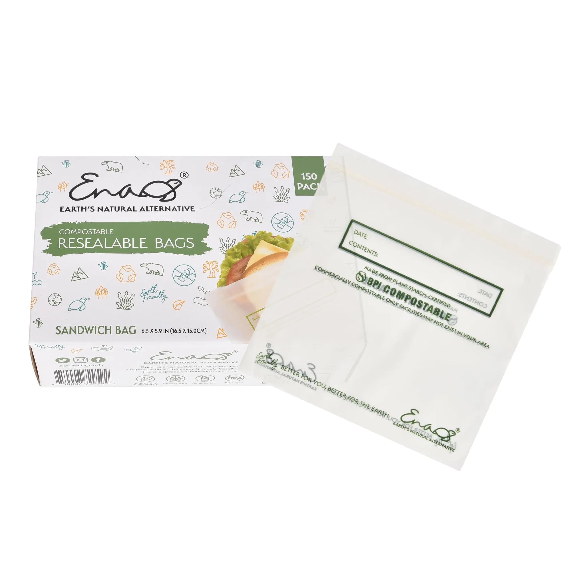 Earth's Natural Alternative Compostable Food Storage Bags Sandwich Size 150 Pack | Plant-Based & BPI Certified - main product image