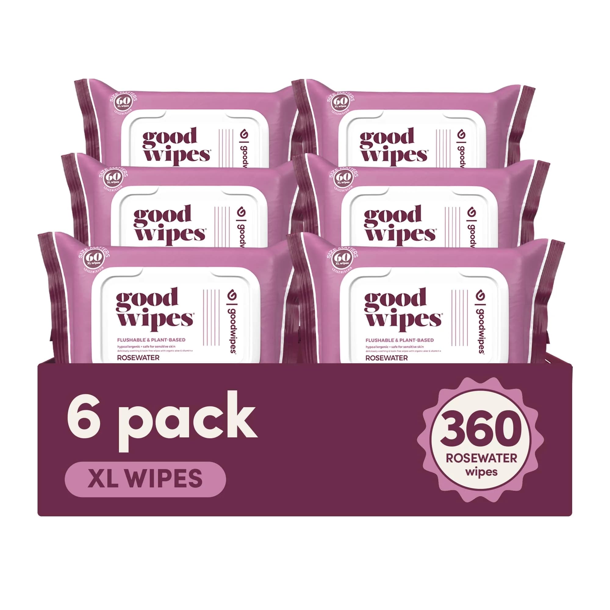 goodwipes Flushable Wipes Rosewater Scent 360 Count (60 Wipes x 6 Packs) | Septic Safe & Biodegradable - main product image