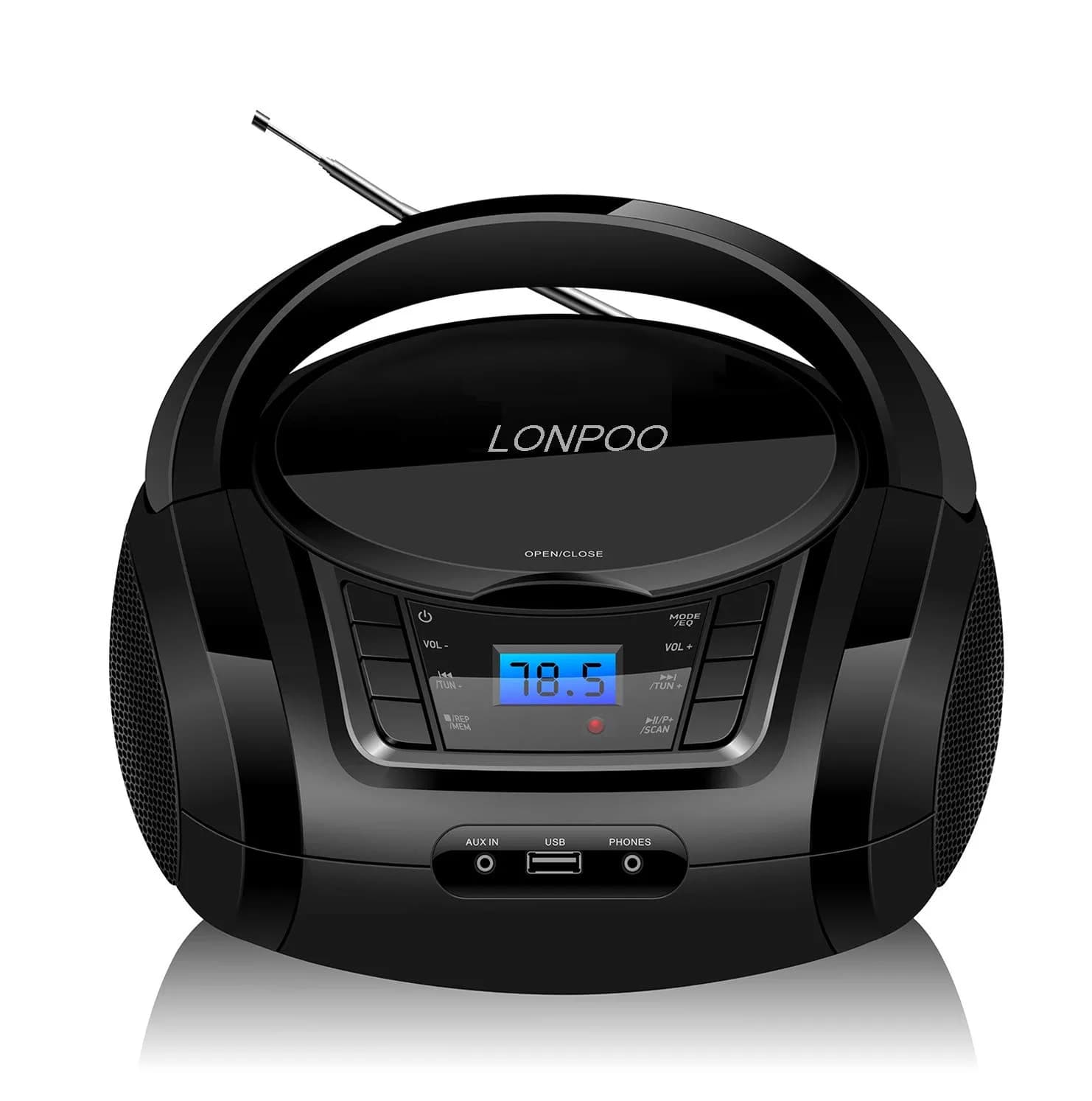 LONPOO Portable CD Player with Bluetooth, USB, AUX, FM Radio, 2.5 lbs (1.13 kg) | Retro Boombox with Stereo Speakers - main product image