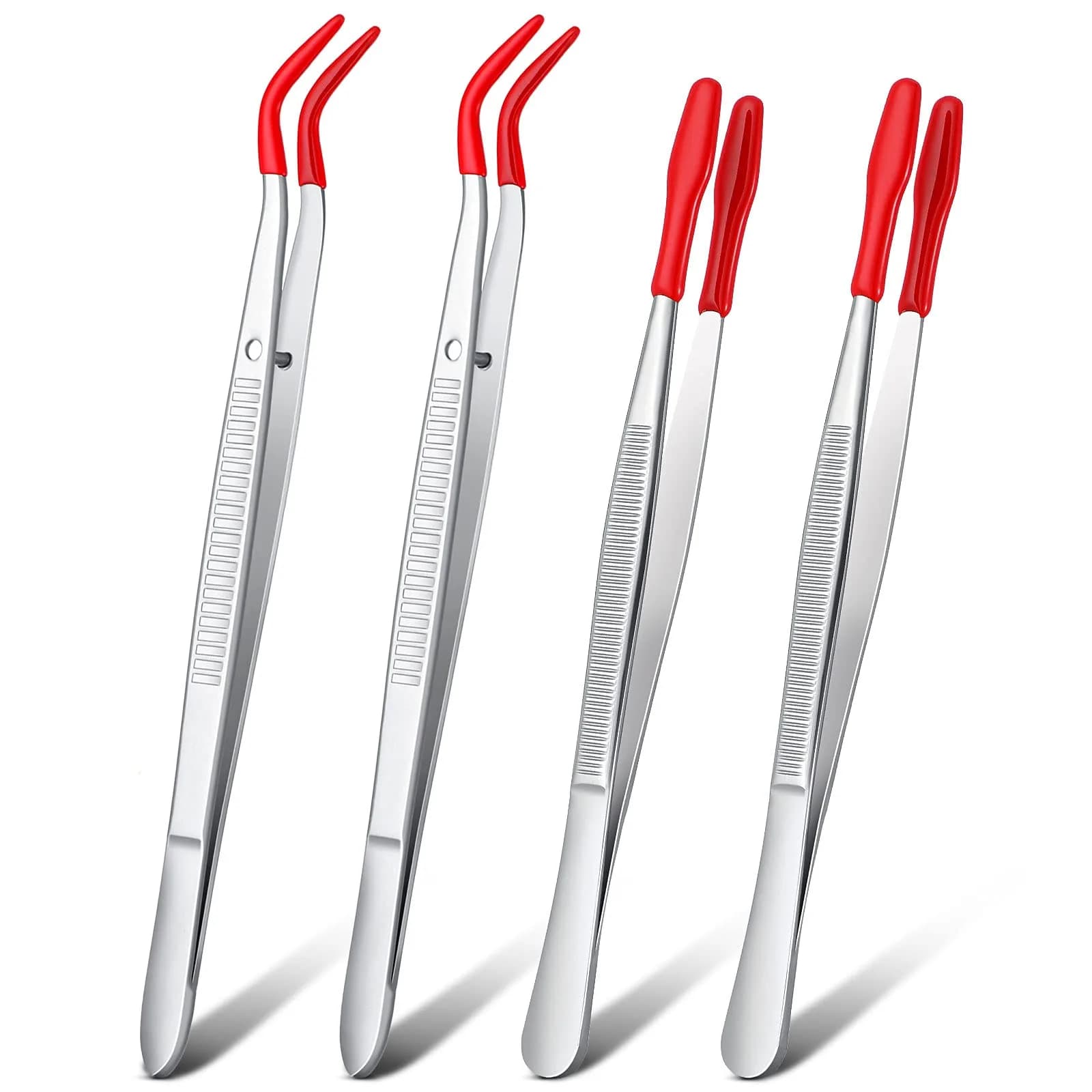 Honoson Red Bent Tip Tweezers with Rubber Tips & Flat Tip Tweezers, 15cm (5.9in) & 12cm (4.7in) | Precision Grip for Crafts & Lab Work - main product image