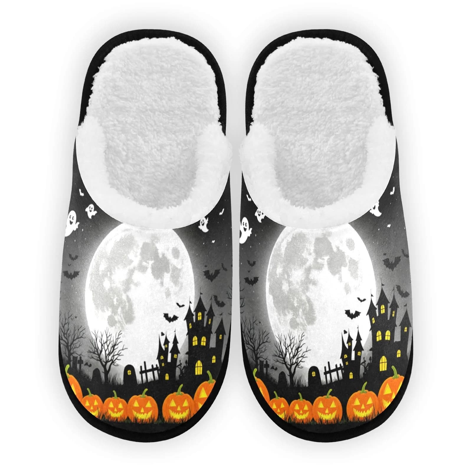 Dussdil Halloween Pupkins Bats Ghosts Slippers | Memory Foam, Non Slip, Haunted House Design (70-120 chars) - main product image