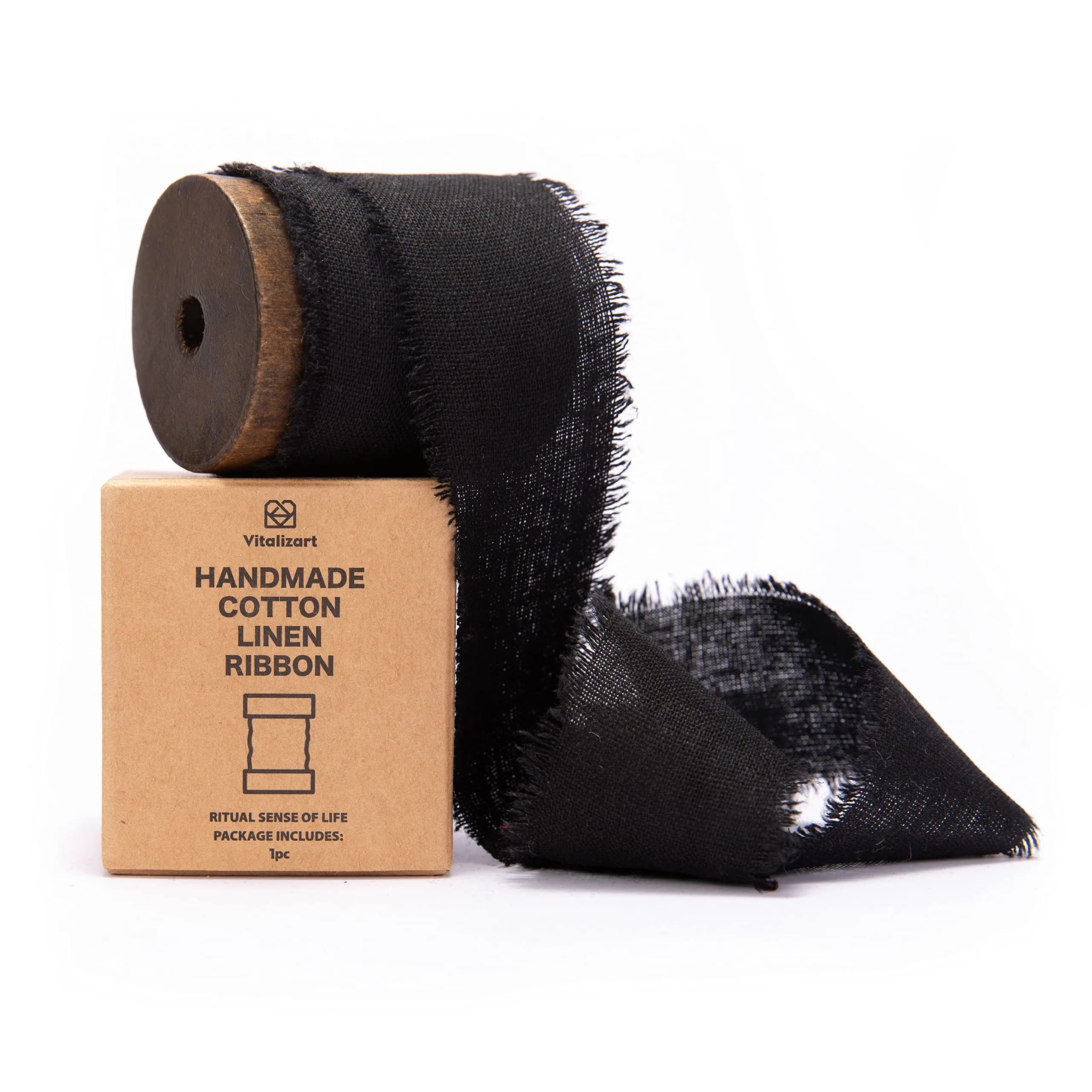 Vitalizart Black Cotton Linen Ribbon with Spool 4.57 m (5 Yd) | Handmade Fringe Fabric for Crafts - main product image
