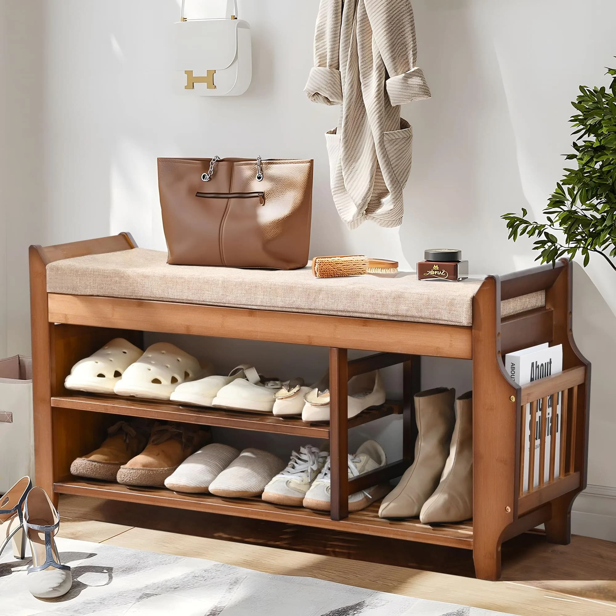 PETKABOO Shoe Bench with Hidden Drawer and Side Holder | 2 Tier Entryway Storage 39.4 in | Bamboo & Wood - main product image