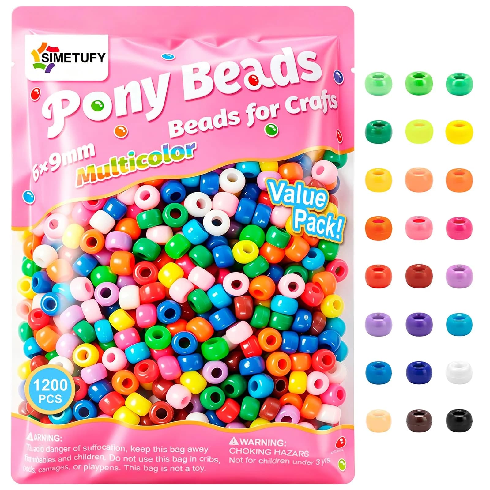 Simetufy Pony Beads for Bracelet Making 1200 pcs | Multi-Colored 6x9mm for DIY Crafts - main product image