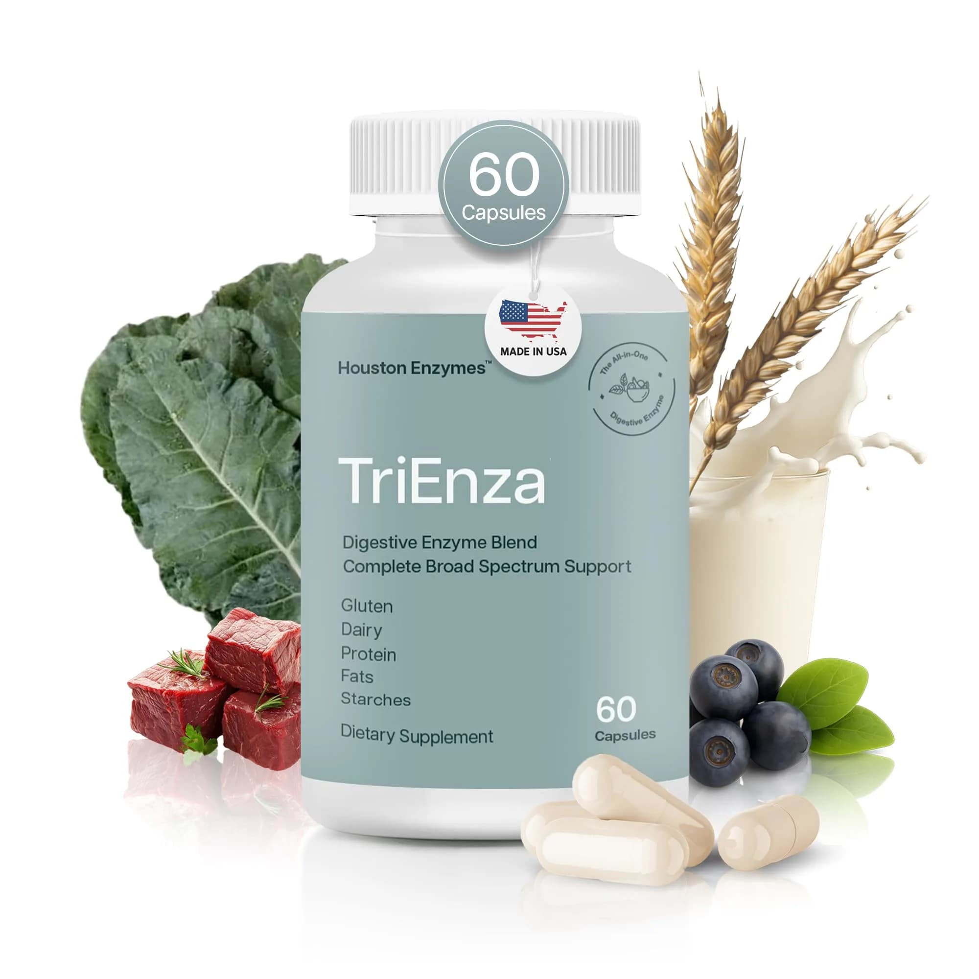 Houston Enzymes TriEnza Digestive Enzyme Supplement 60 Capsules | Supports Gluten, Casein, Soy Digestion - main product image