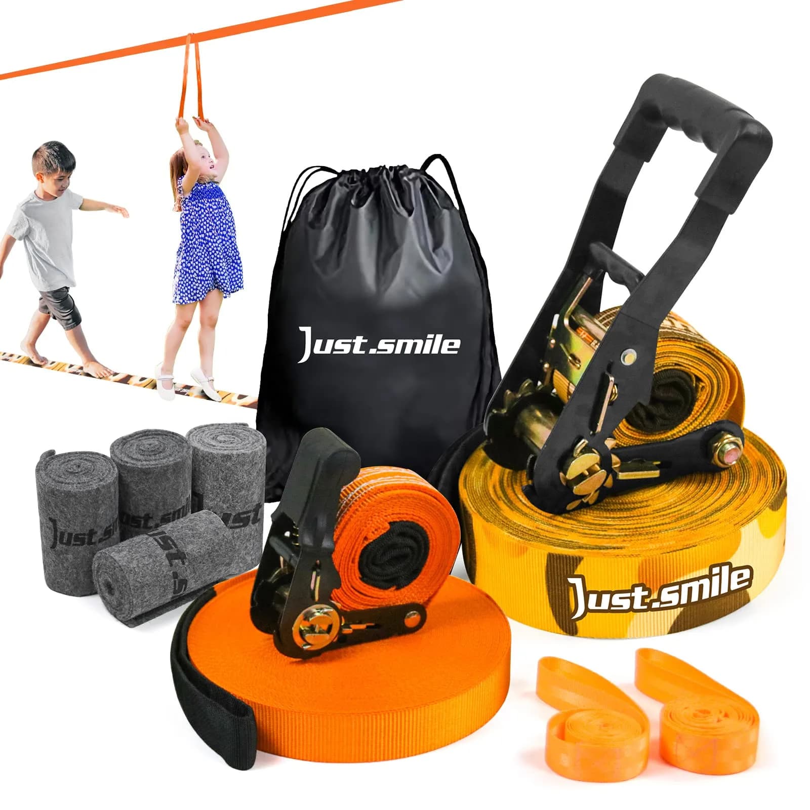 Just.smile Slackline Kit Longer 65ft with Tree Protectors & Carry Bag | Balance & Fun for Kids & Adults