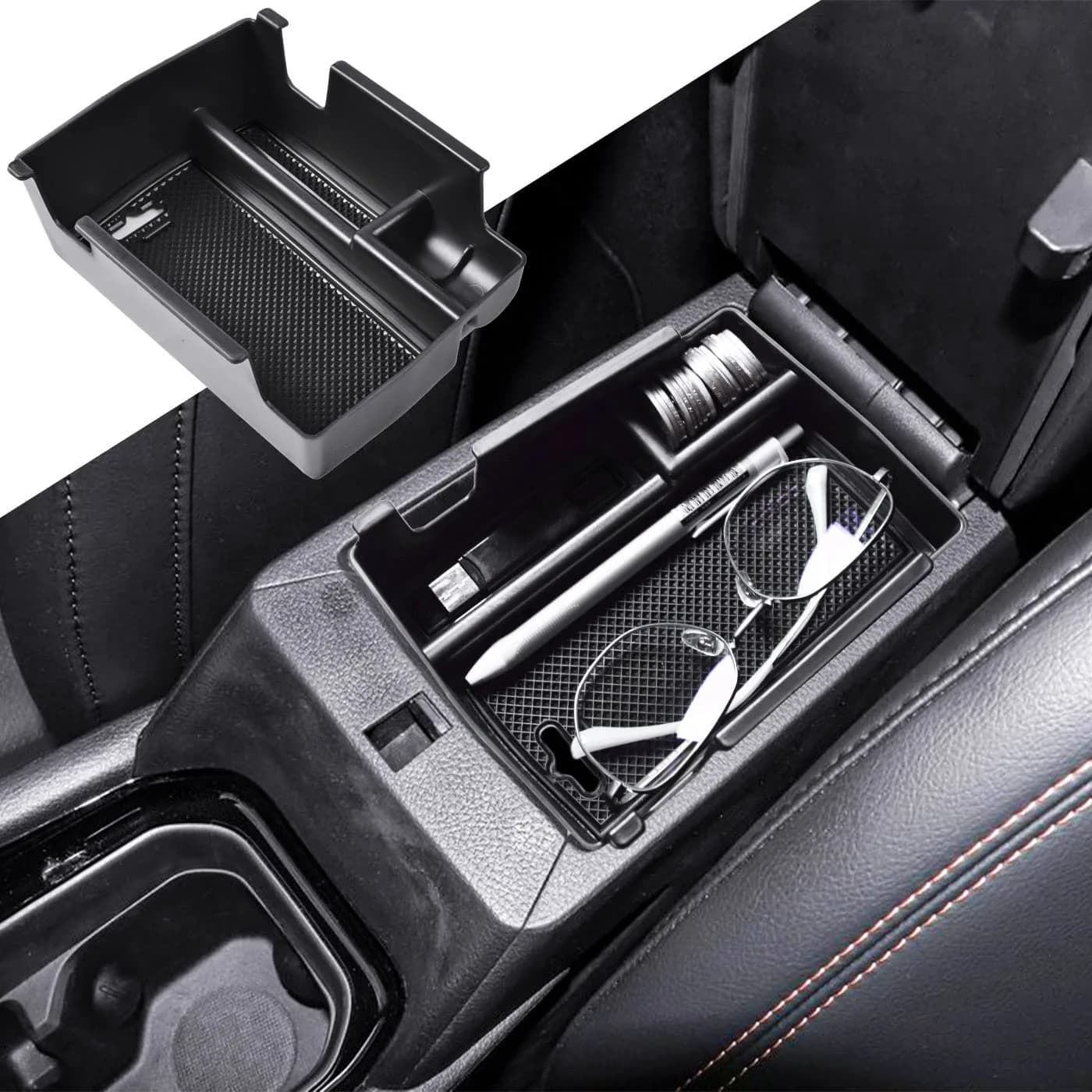 TACOBRO Black Center Console Organizer Tray for Jeep Compass 2022-2025 | Secondary Storage Divider with USB Hole - main product image