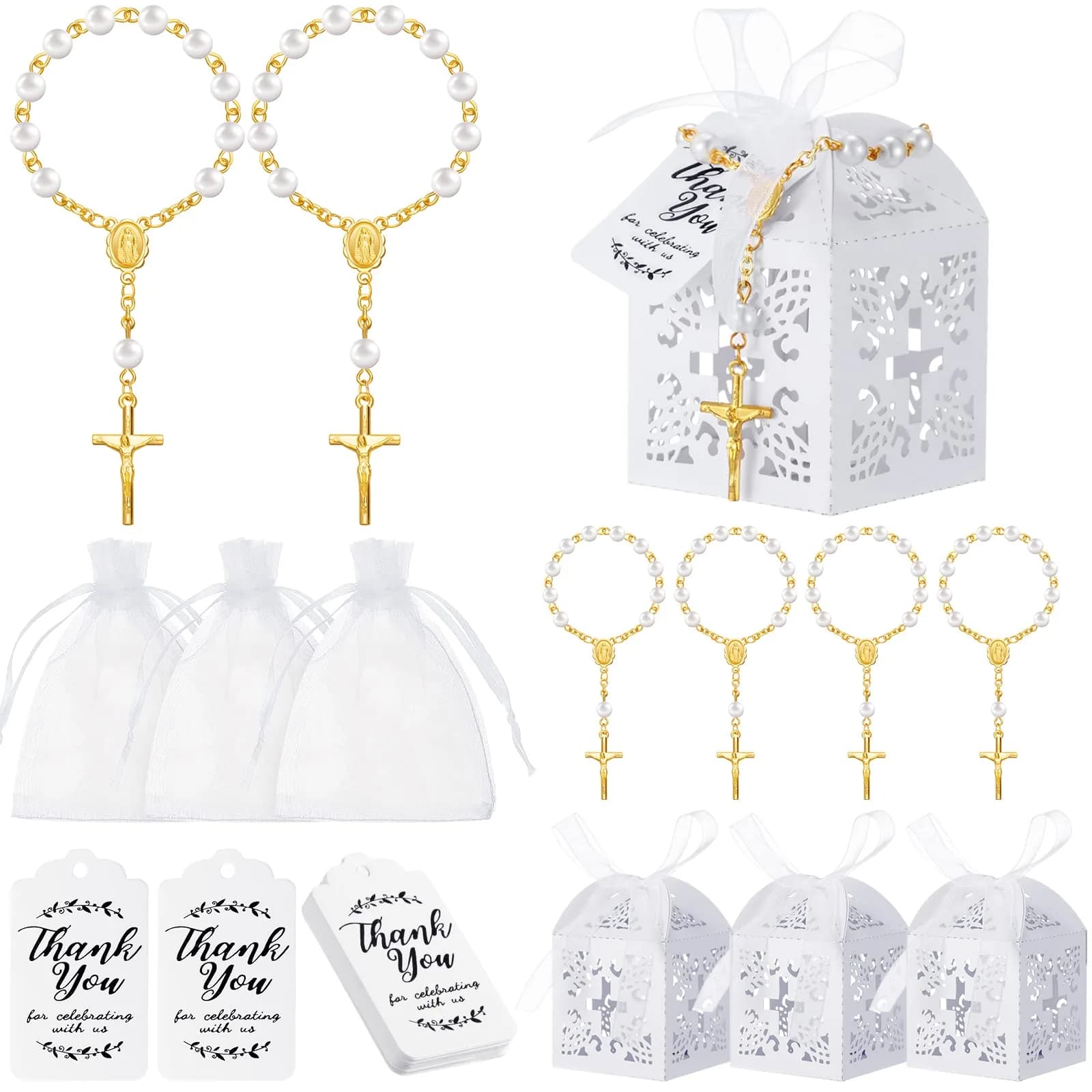 Yinkin Gold Party Favor Sets | 100 Pieces Baptism & Wedding Gifts (4.5 inch Rosaries, Boxes, Bags, Tags) - main product image