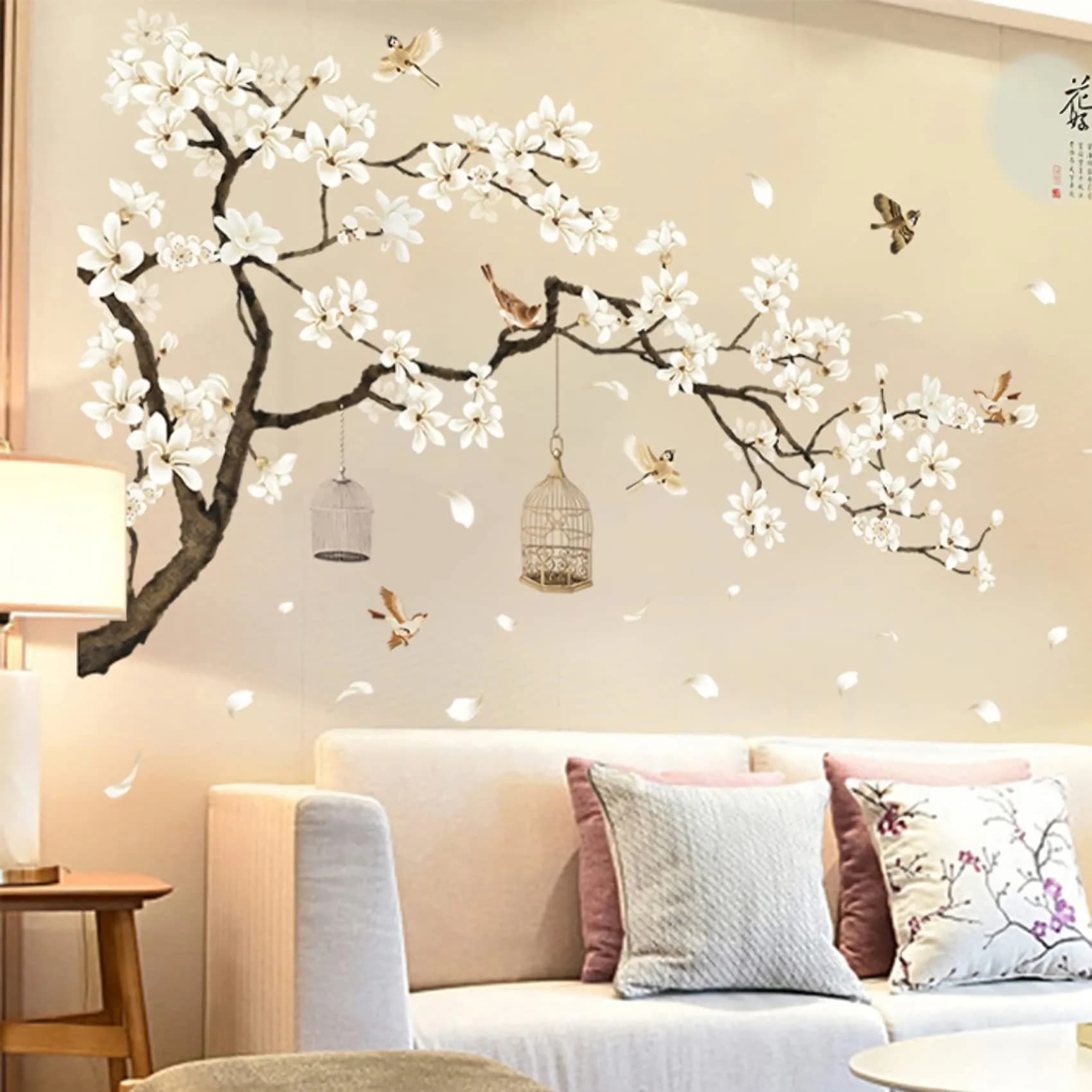 BWCXXZH Large White Flower Wall Stickers 50"x74" | Removable DIY Cherry Blossom Tree Wall Murals for Home Decor - main product image