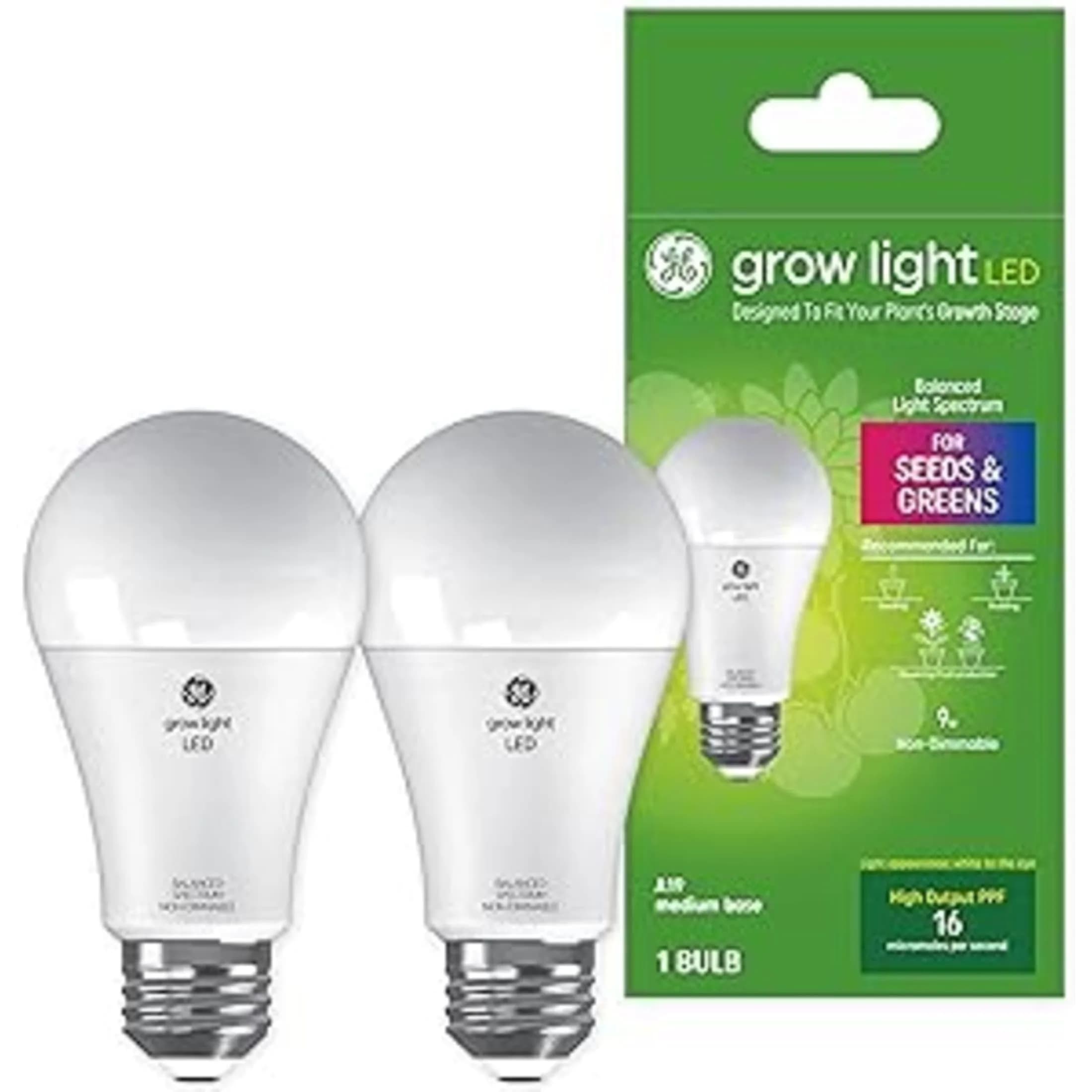 GE Grow LED Light Bulb for Plants Seeds and Greens | Balanced Spectrum, A19 (2 Pack) | Indoor Plant Growth - main product image