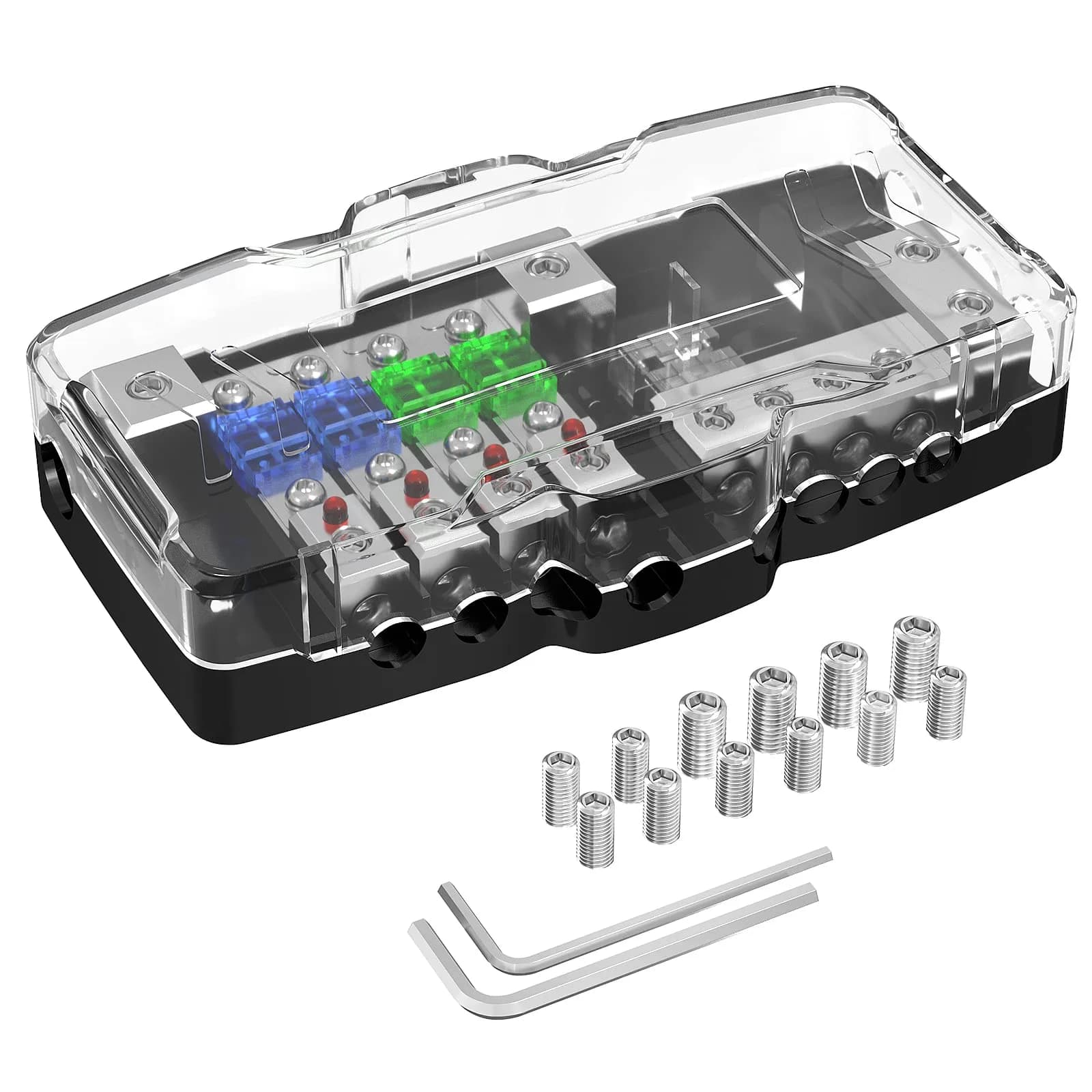 Joinfworld 4-Way Fused Power Distribution Block 12V DC | 0/4 Gauge Input to 4x 4-8 Gauge Output with LED Indicator - main product image