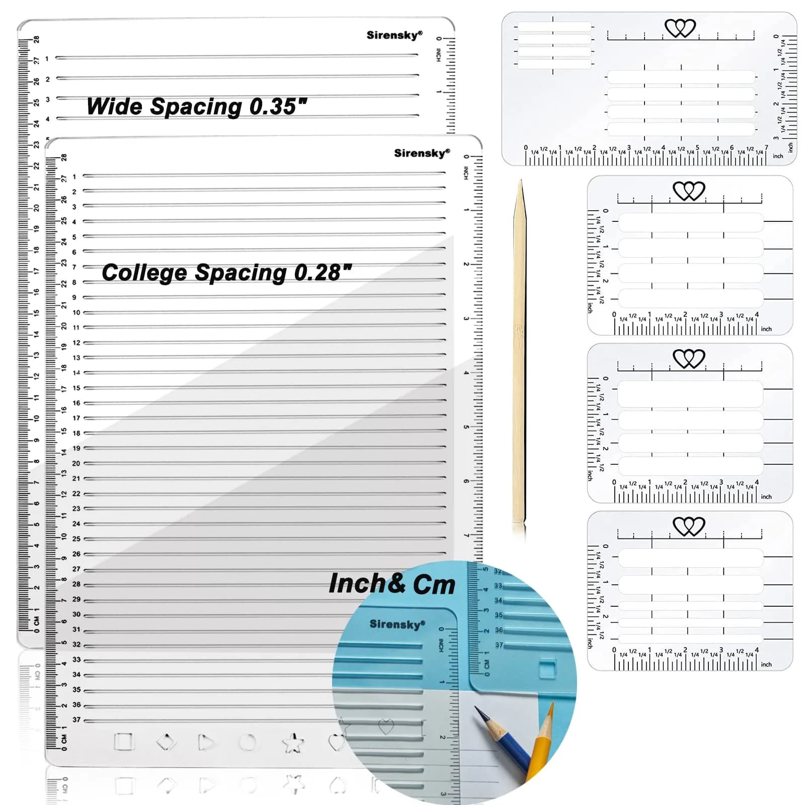 Sirensky Straight Line Stencil Templates and Envelope Addressing Guide Set of 6 | College Ruled 9/32" and 0.35" Spacing - main product image