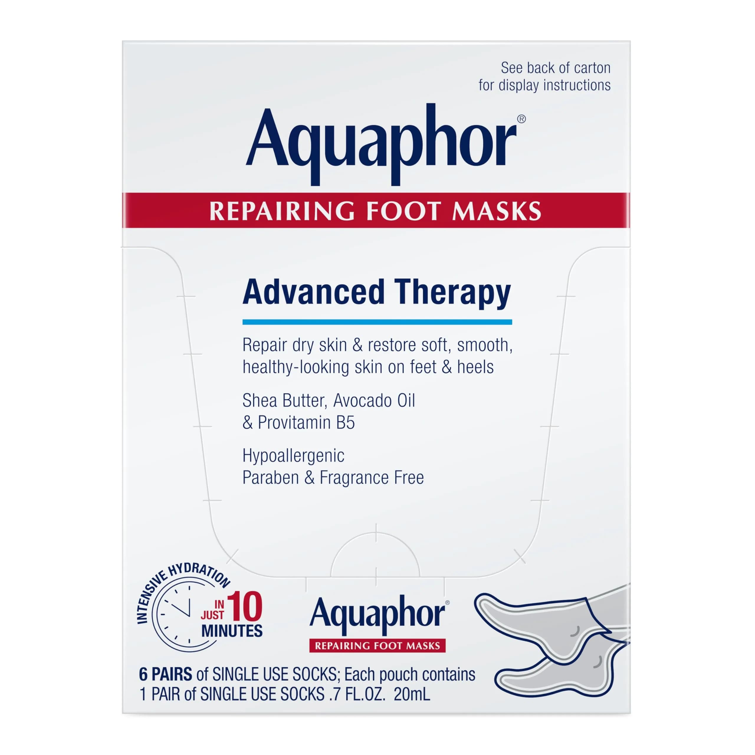 Aquaphor Advanced Therapy Repairing Foot Masks, 6 Masks x 0.7 Fl Oz | Hydrating, Fragrance-Free for Dry Feet
