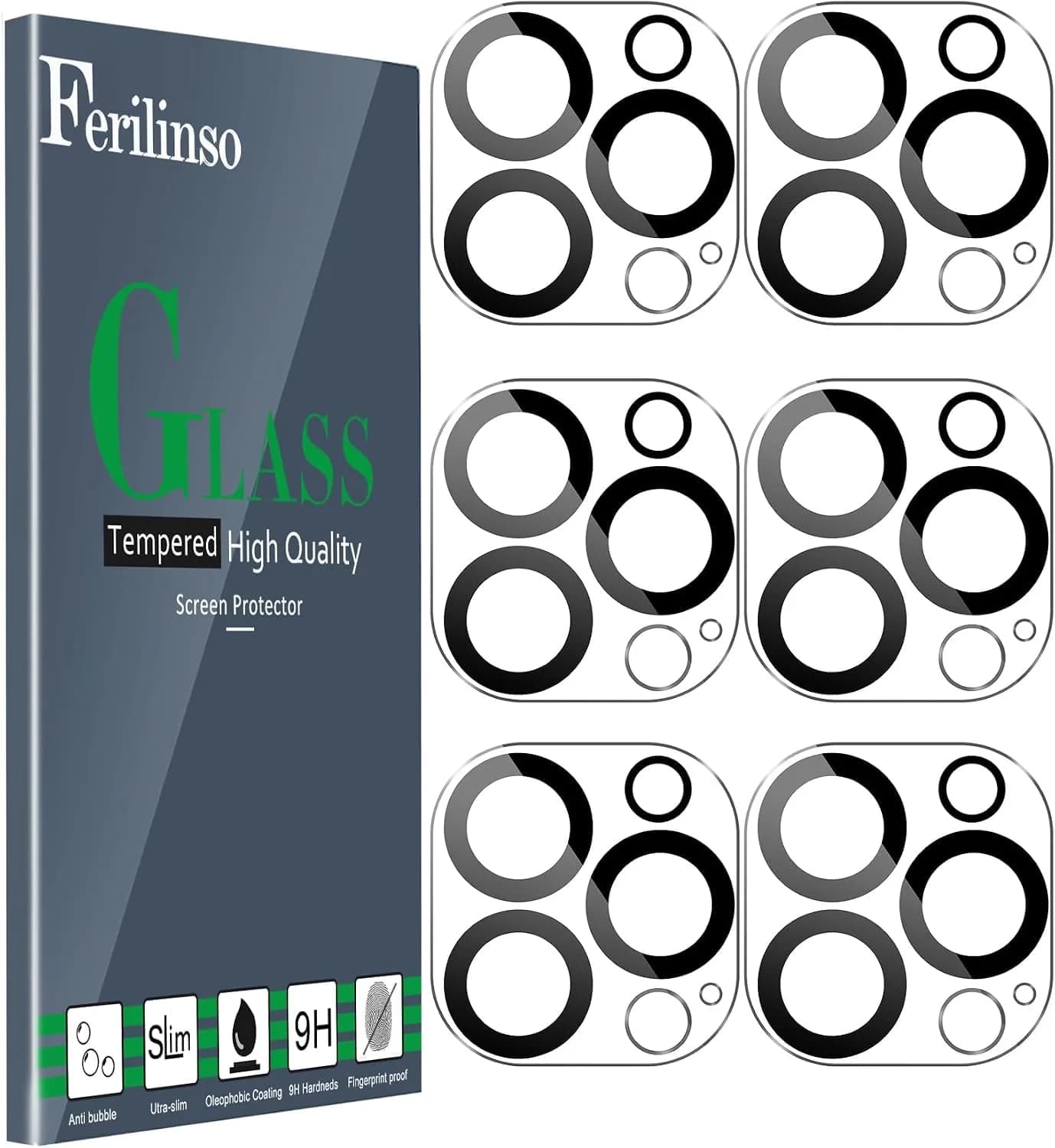 Ferilinso Camera Lens Protector for iPhone 14 Pro Max/15 Pro Max/14 15 Pro | 6 Pack, 9H Glass, Full Coverage, Case Friendly - main product image