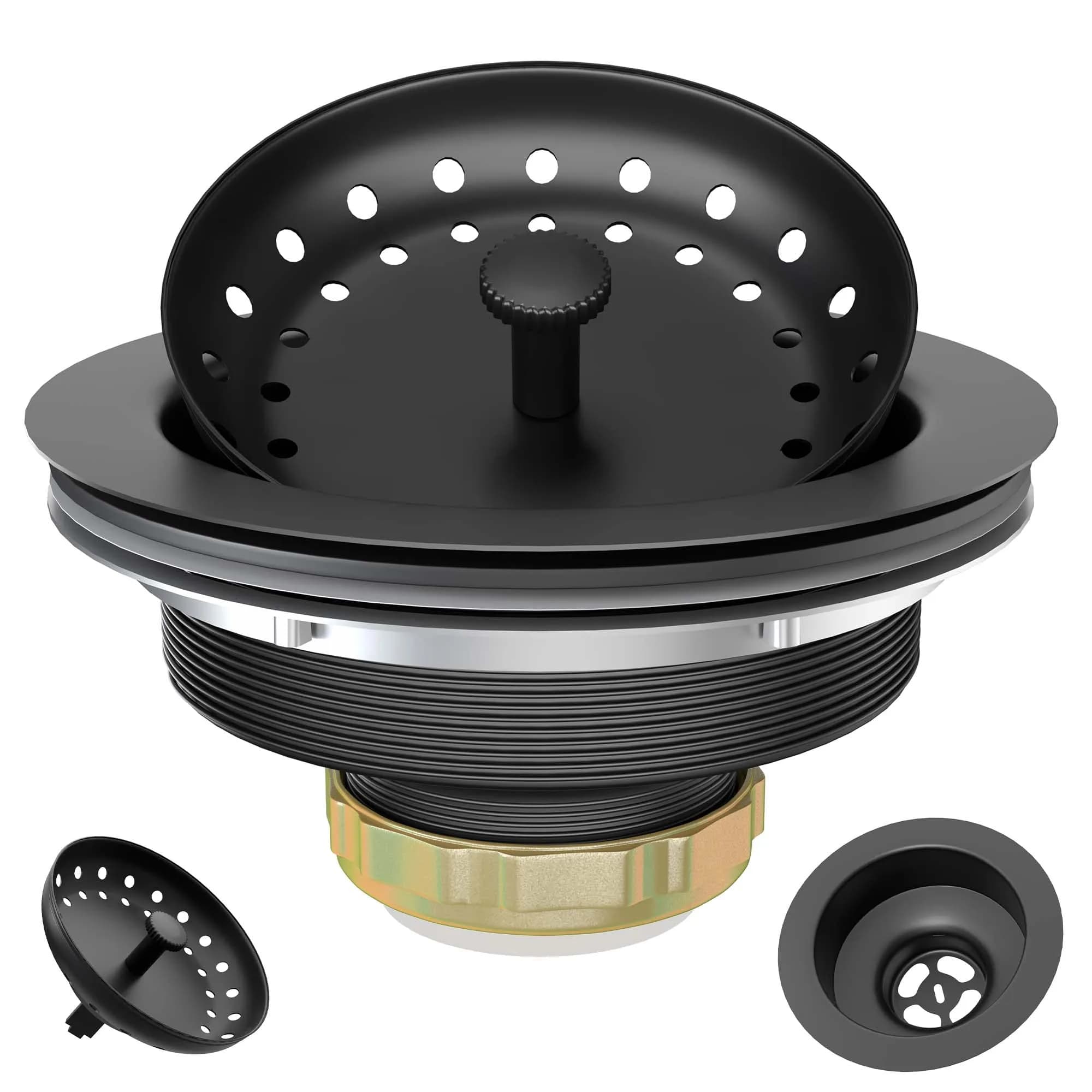 Exakey Black Sink Drain 3-1/2 Inch | Matte Black Stainless Steel Kitchen Sink Strainer Assembly Kit - main product image