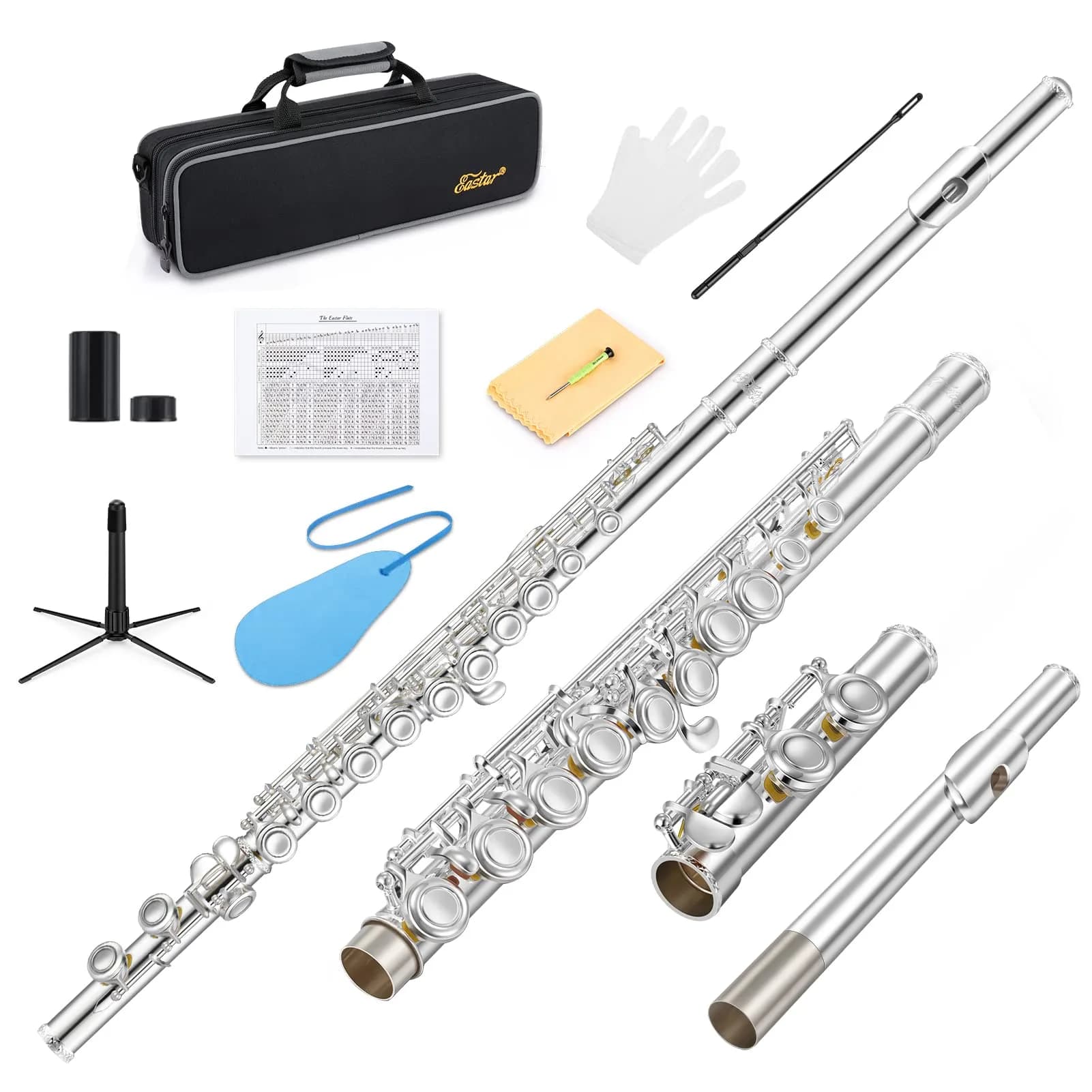 Eastar EFL-1S 16-Key Closed Hole C Flute Kit | Silver Plated Beginner Transverse Flute with Case & Cleaning Tools - main product image