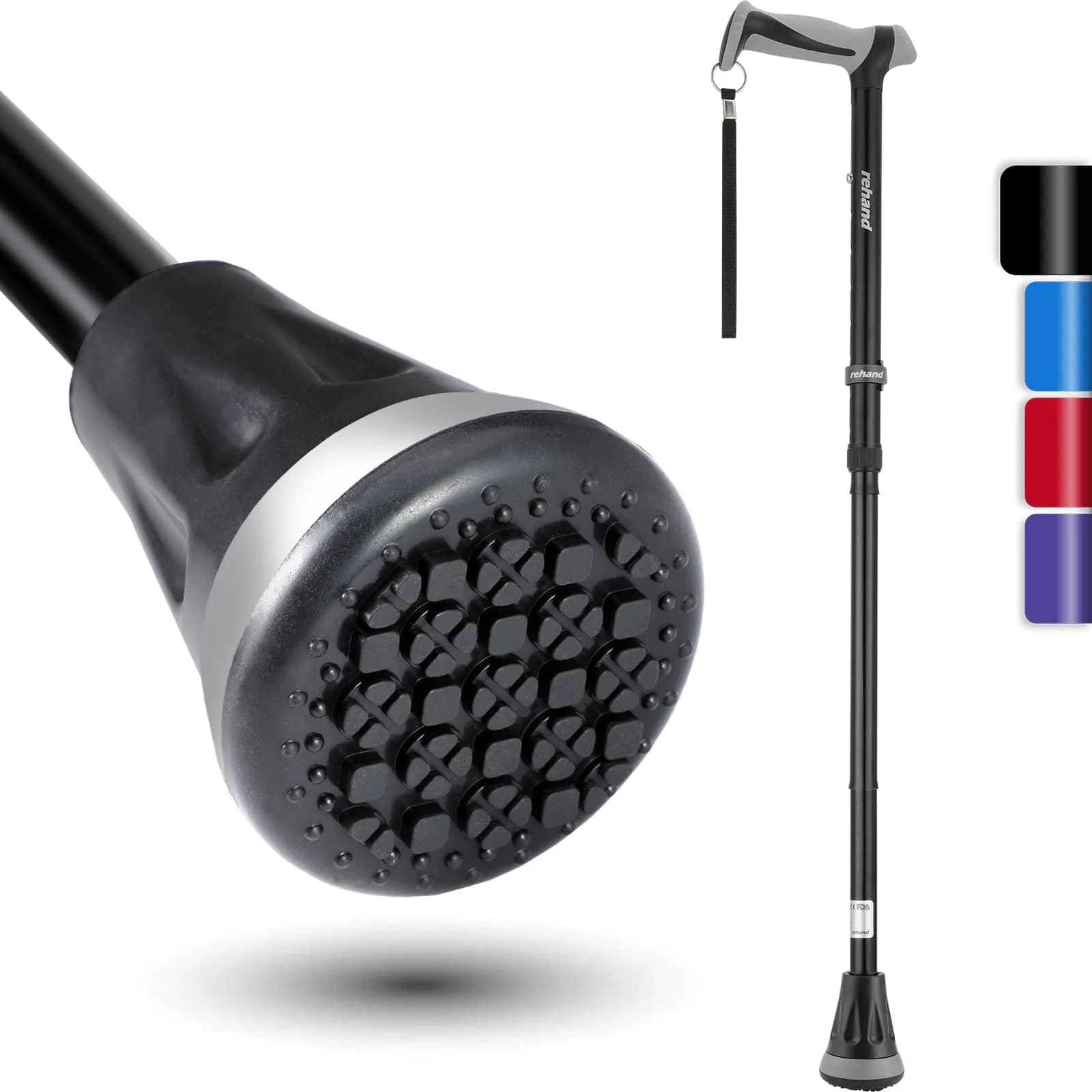rehand Walking Cane - Foldable, Adjustable, Collapsible | Heavy Duty All Terrain Tip, with Travel Bag (Natural Black, 34"-38") - main product image