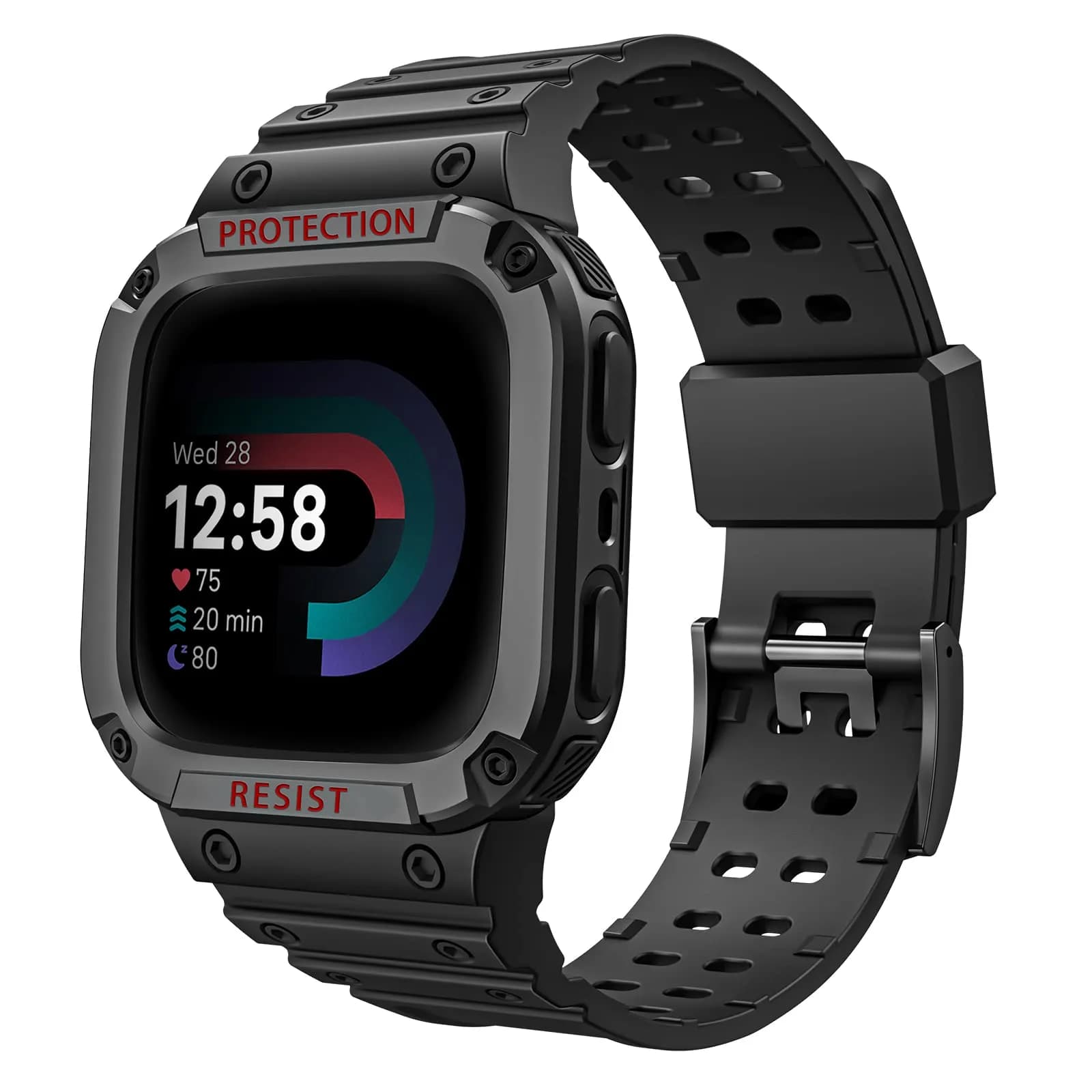 FINTIE Rugged Band with Case for Fitbit Versa 4/3/2/1/Lite & Sense 2, Black, 165mm-245mm (6.5-9.5 inch) - main product image
