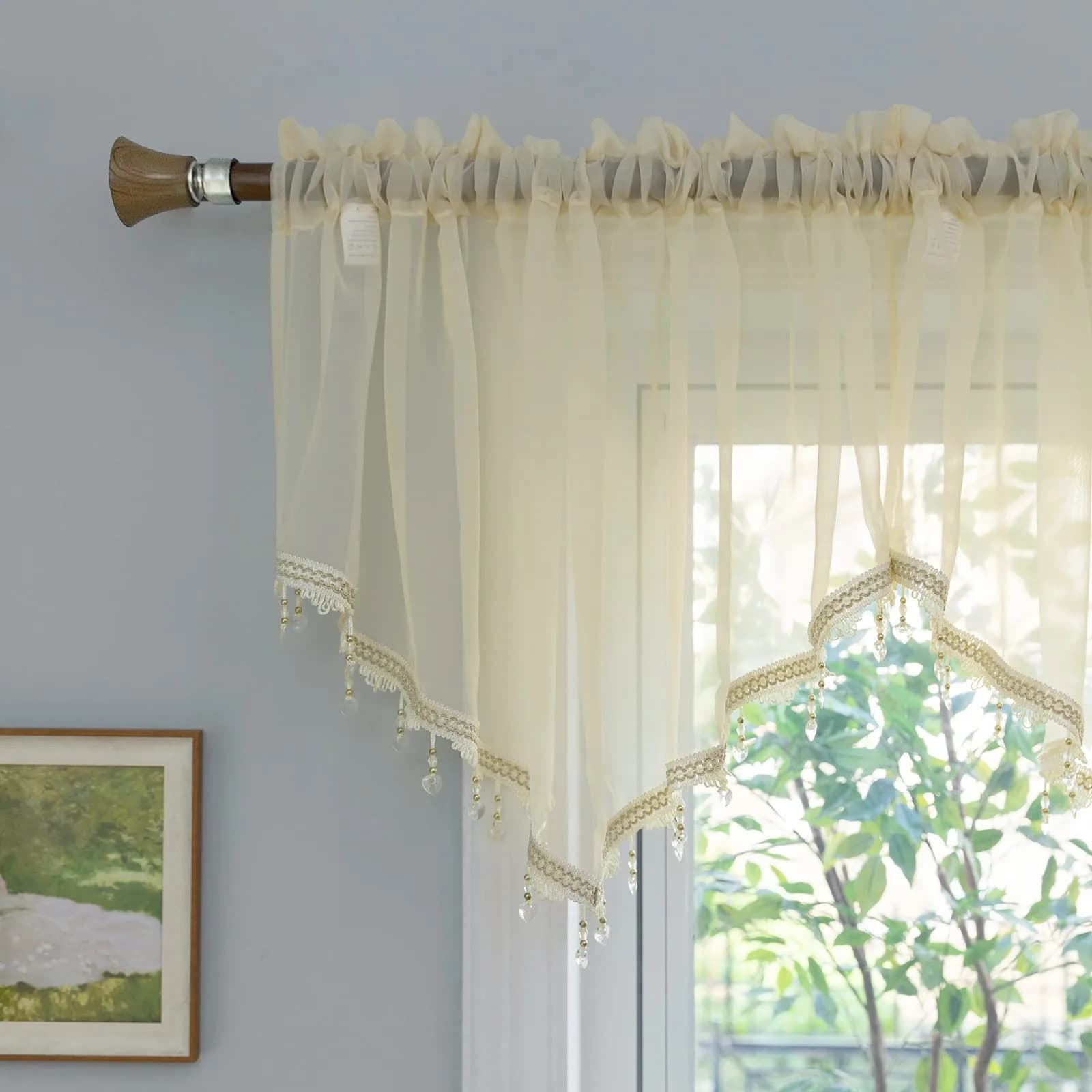 PearAge Beaded Sheer Valance Curtains 51x24 Inches | Bead Trim Tassel Voile Sheer Curtain for Living Room & Bedroom - main product image