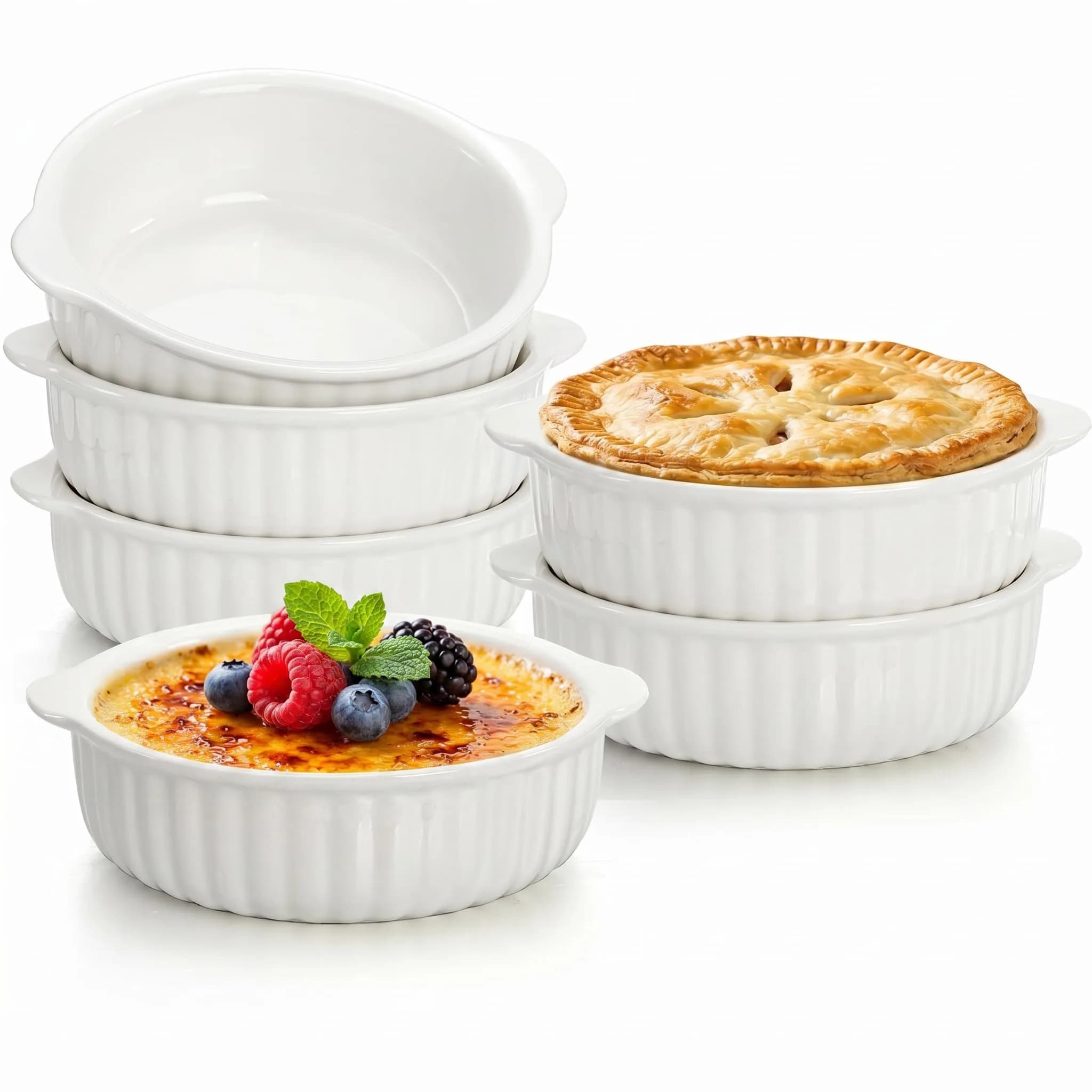 Mezchi 14 oz Porcelain Ramekins Oven Safe | Large Ceramic Creme Brulee & Souffle Dishes with Handles