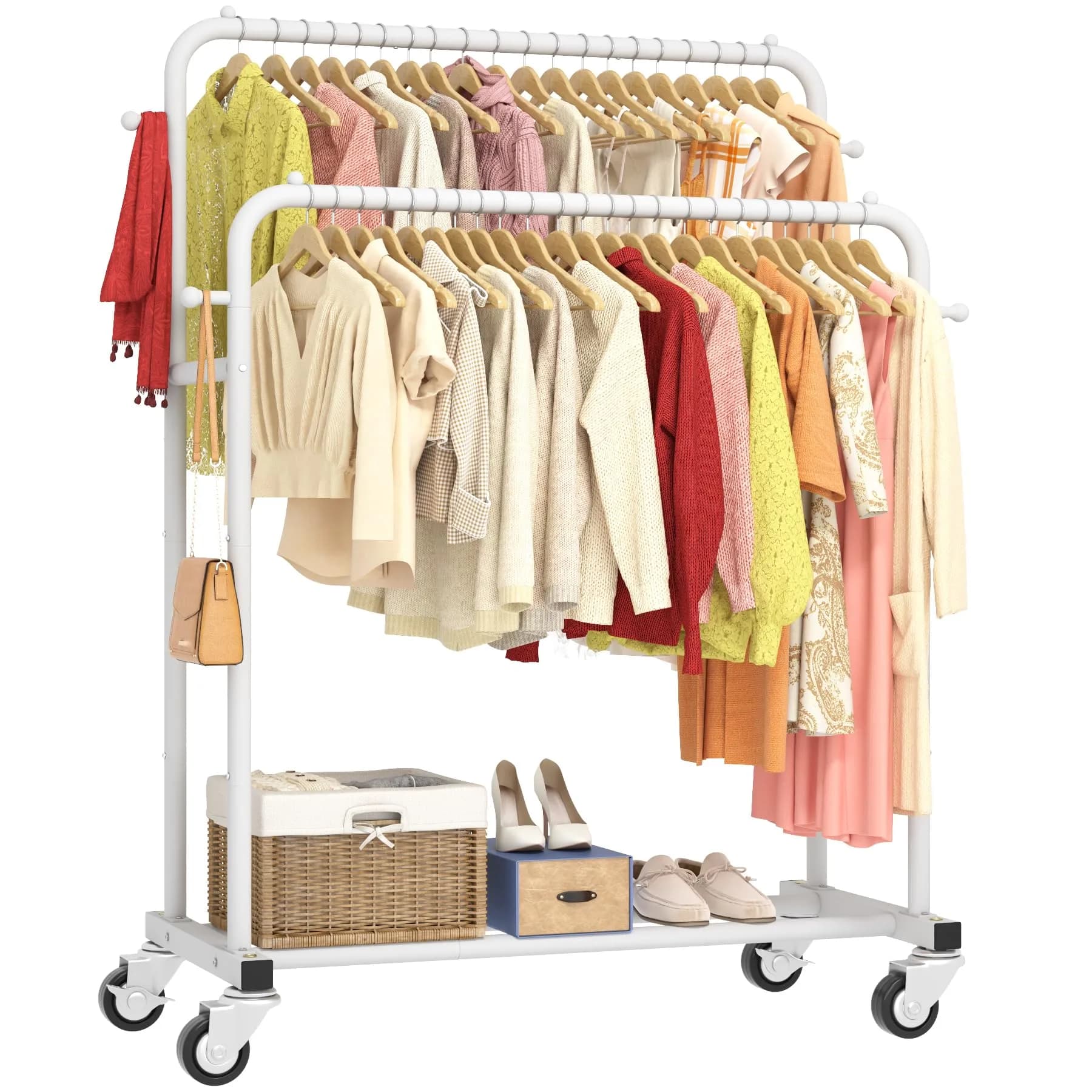 Laiensia Double Rods Garment Rack with Wheels | Multi-functional White Clothing Organizer - main product image