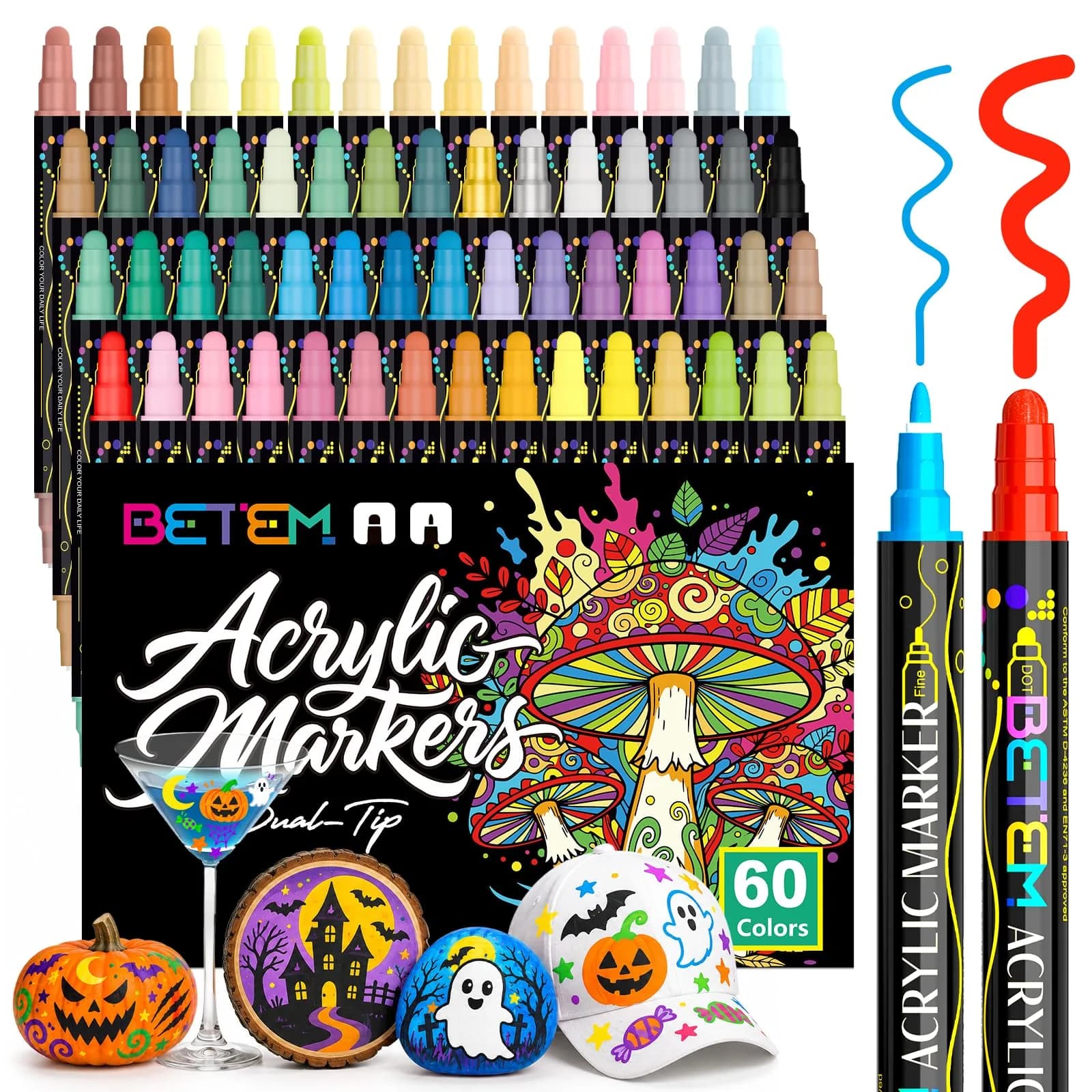 Betem 60 Colors Dual Tip Acrylic Paint Markers | Fabric & Art Supplies for DIY Crafts - main product image