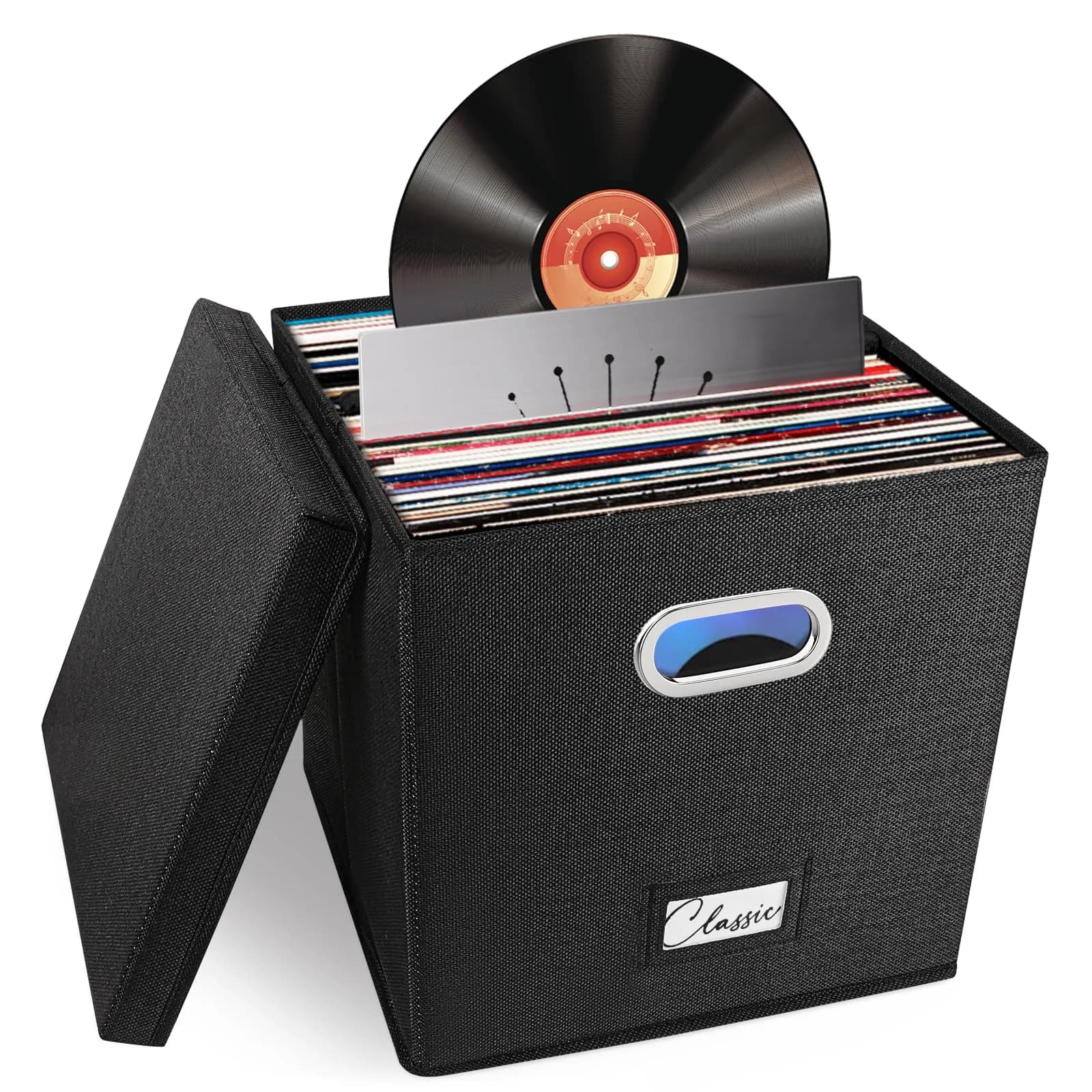 Woodoulogy Vinyl Record Storage Box for 50+ LPs | Space-Saving, Durable Linen Case with Lid - main product image