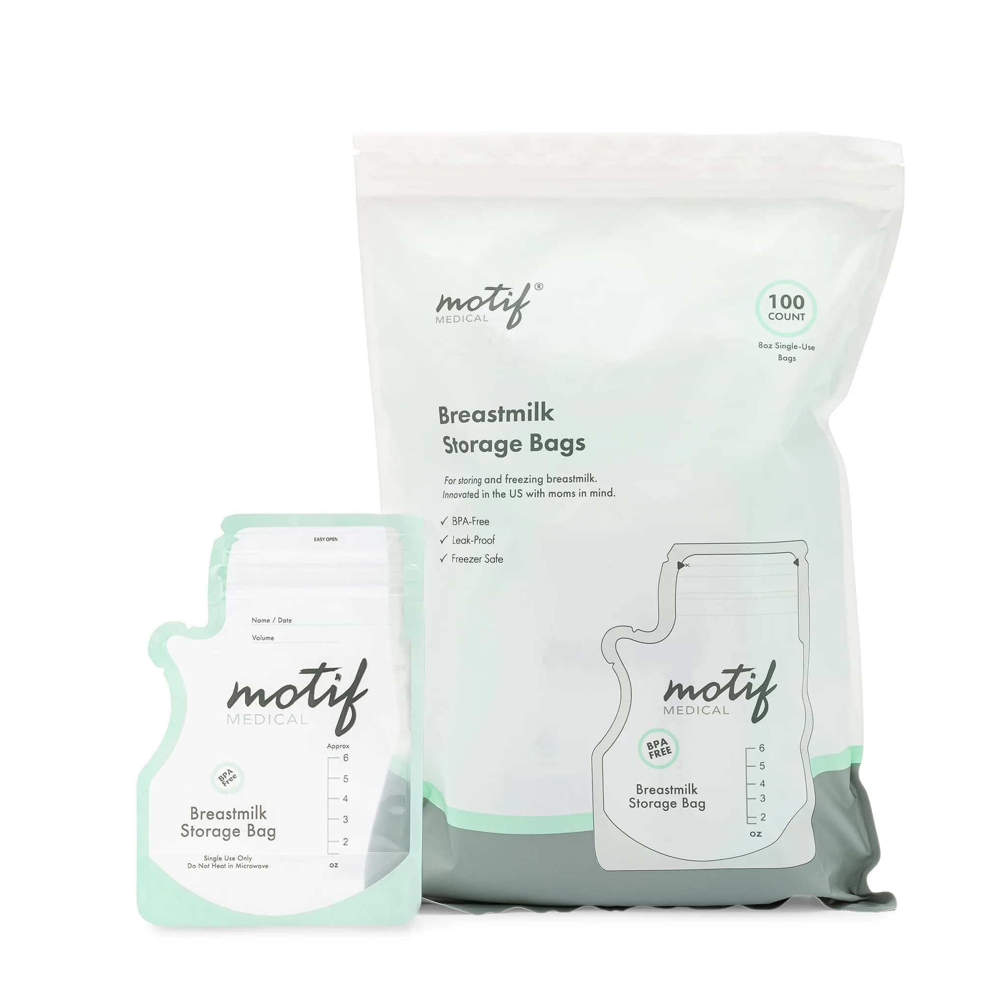 Motif Medical Breast Milk Storage Bags 6 Oz (100 Count) | Leakproof Double Zipper, Easy-Pour Spout - main product image