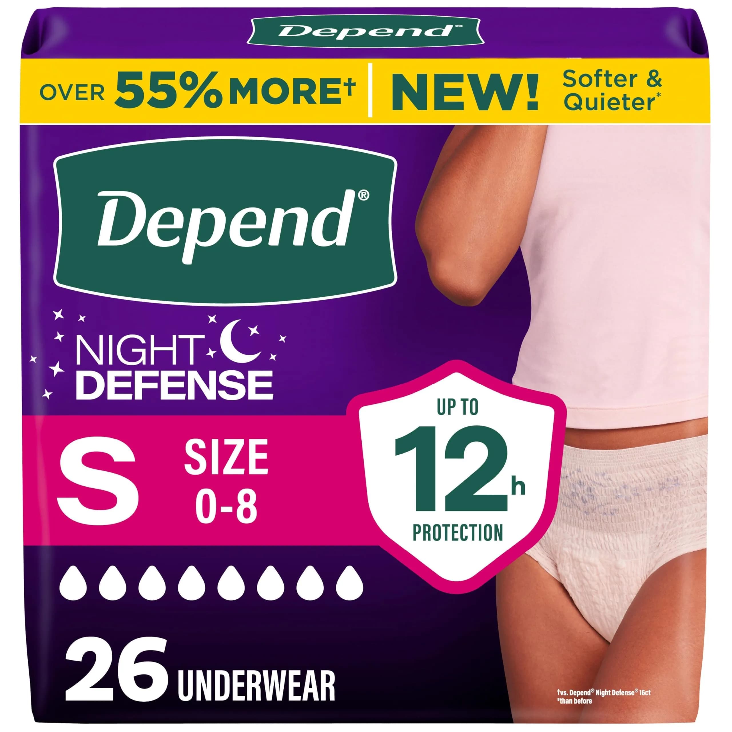 Depend Night Defense Adult Incontinence Underwear for Women, Small, 26 Count | Up to 12 Hours Overnight Protection - main product image