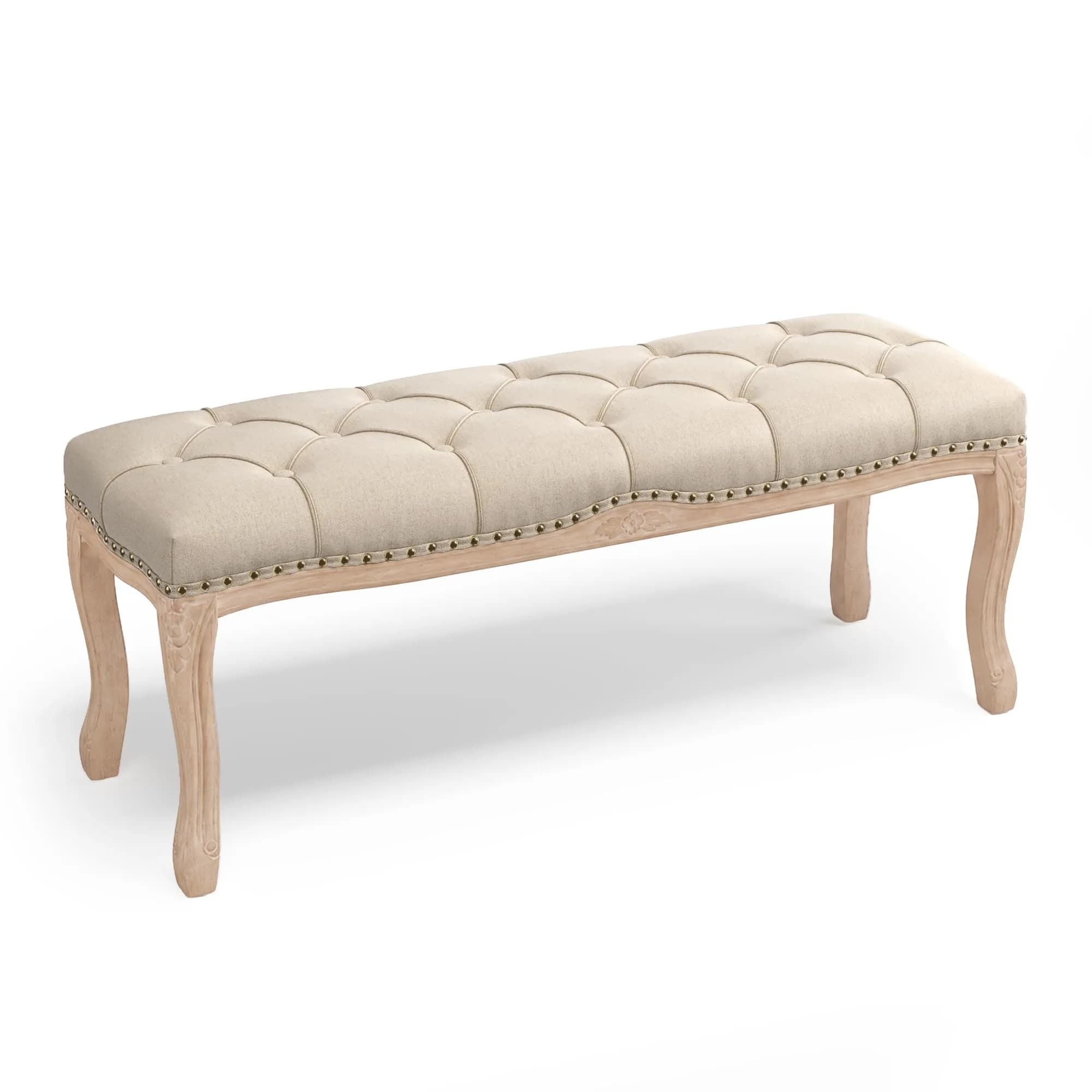 Cozyman Bedroom Bench, French Vintage Tufted Entryway Bench, 45.2" Linen Ottoman with Carved Wooden Legs - main product image