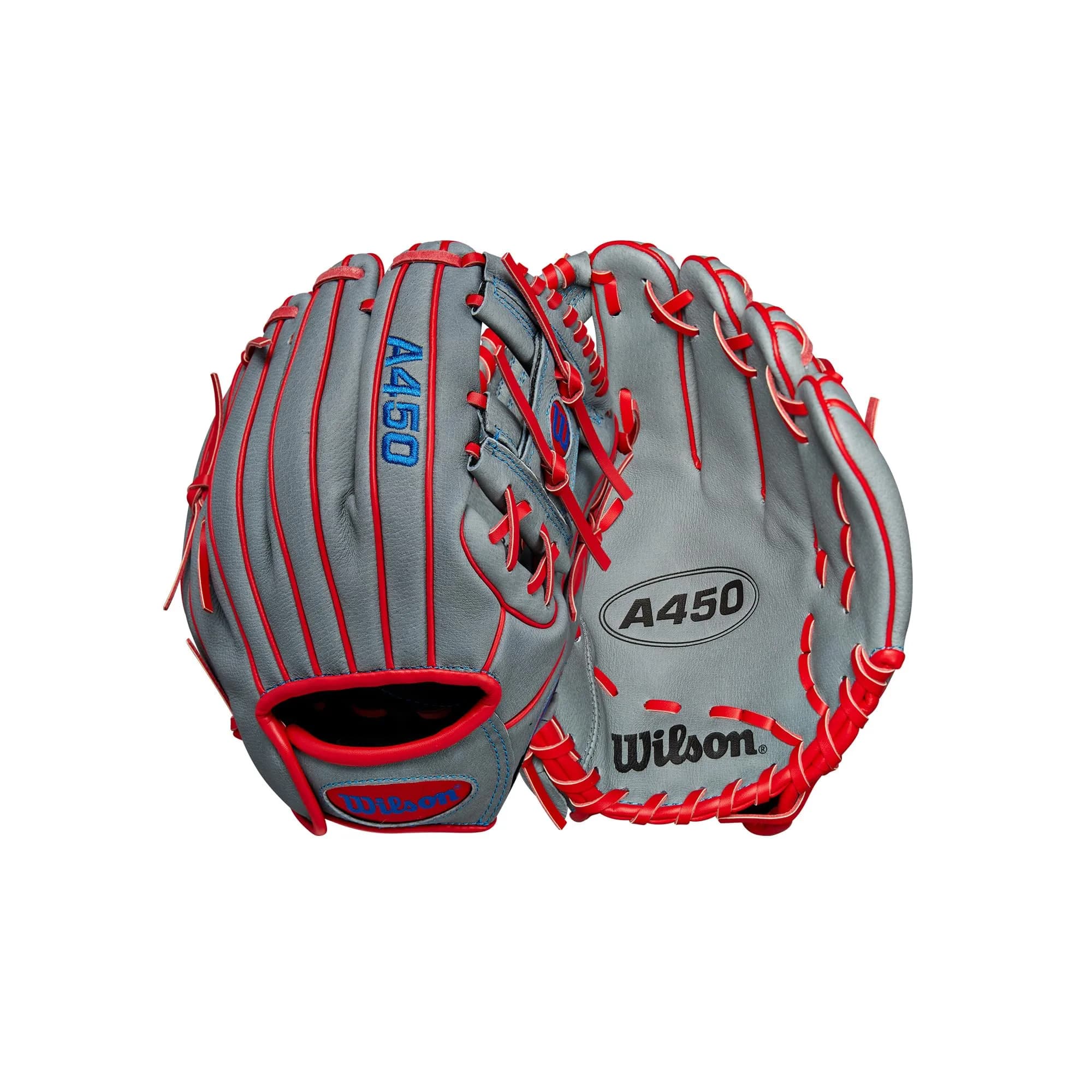 Wilson A450 10.75” Youth Infield Baseball Glove - Right Hand Throw, Grey/Red/Royal | Lightweight Durability - main product image