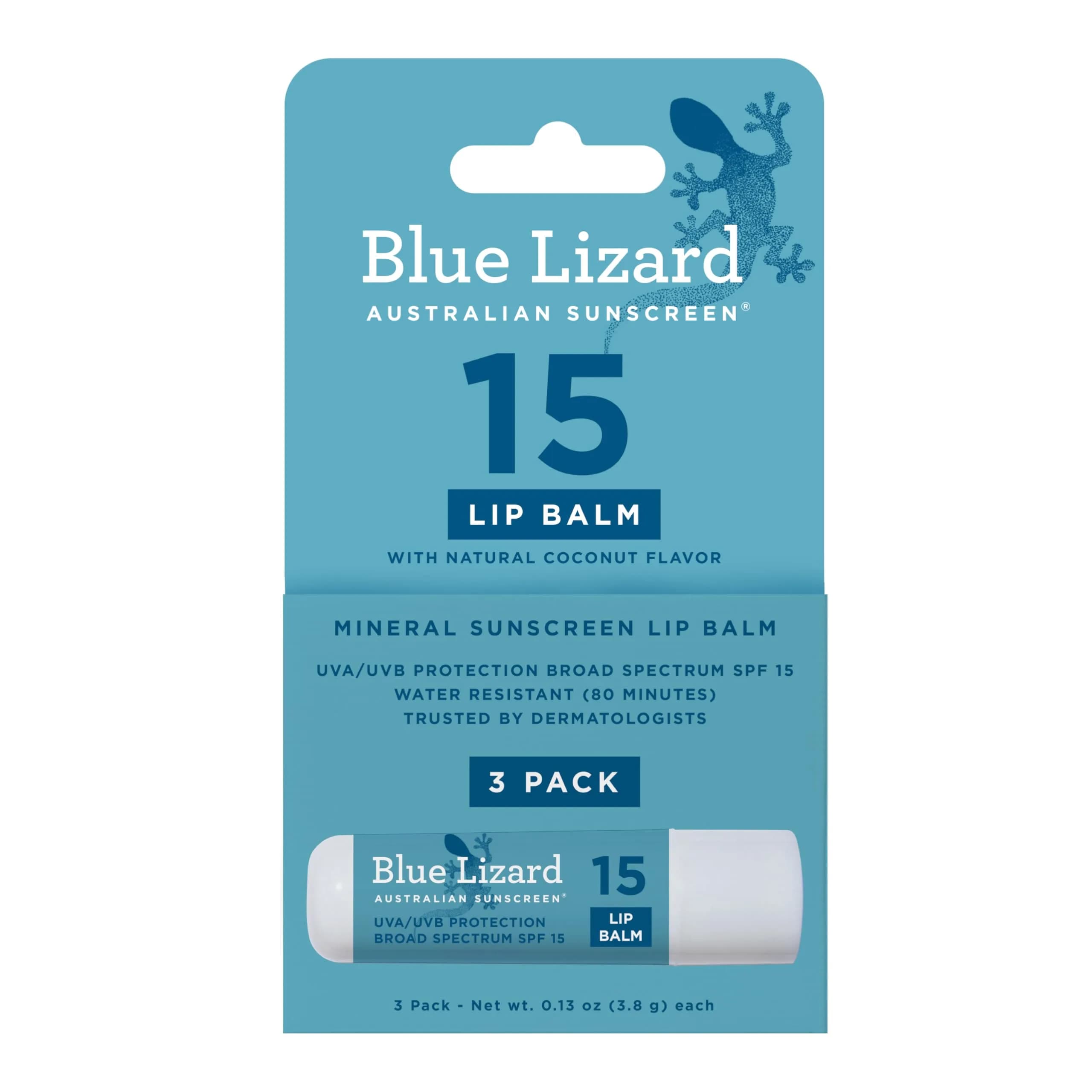 BLUE LIZARD Mineral SPF 15 Lip Balm 3-Pack | Broad Spectrum Sun Protection, Natural Coconut Flavor, 8 Natural Oils - main product image